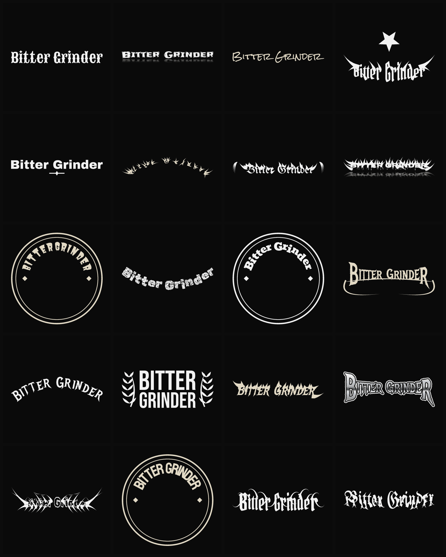 Twenty Bitter Grinder band logo ideas — different faces, treatments and spike settings
