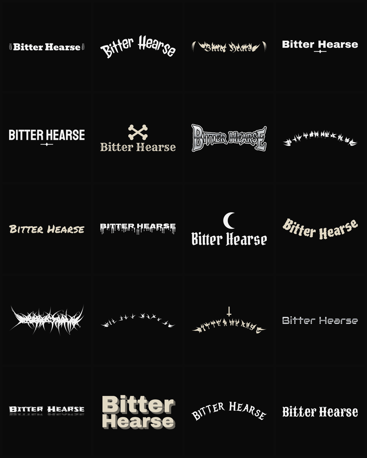 Twenty Bitter Hearse band logo ideas — different faces, treatments and spike settings