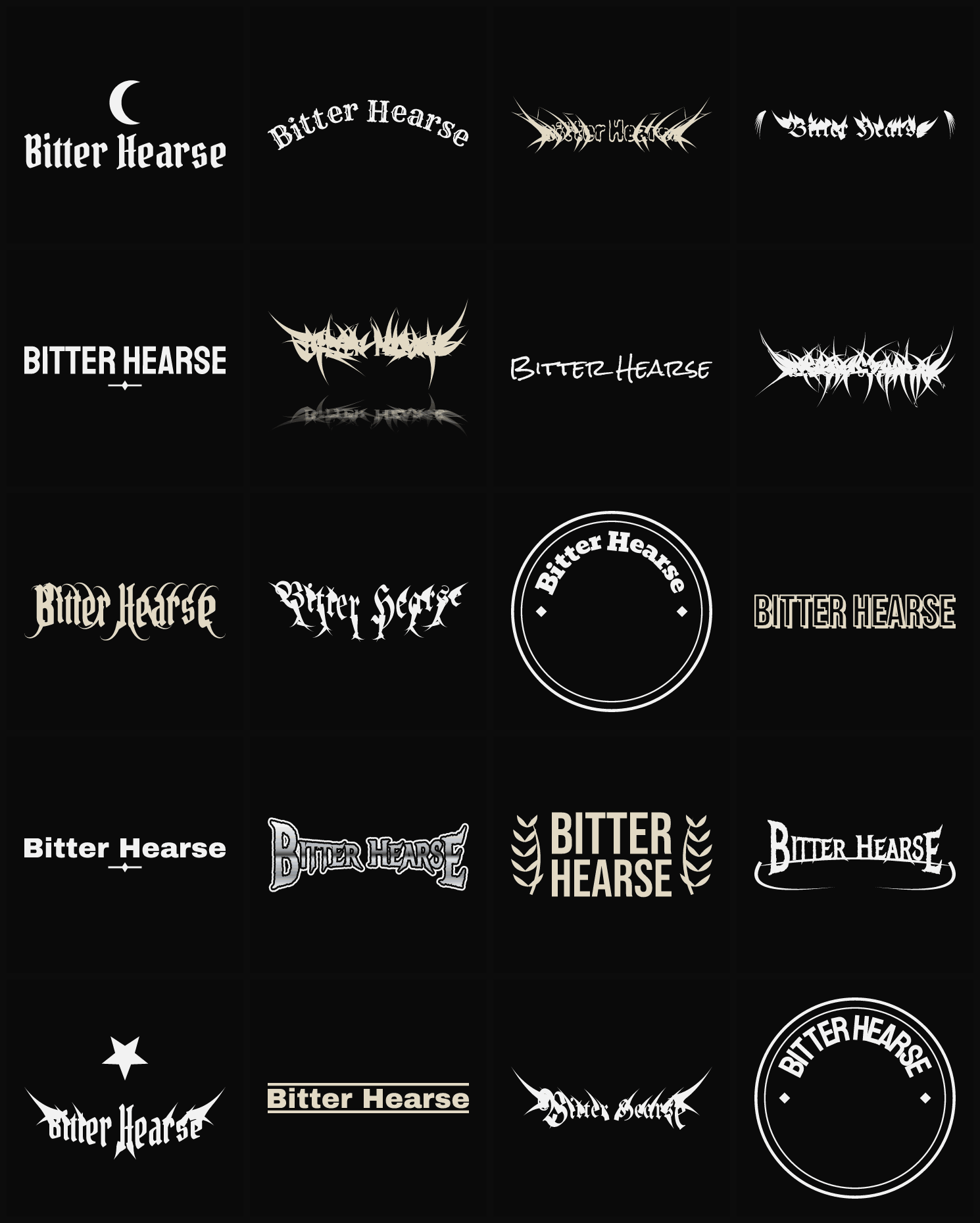 Twenty Bitter Hearse band logo ideas — different faces, treatments and spike settings