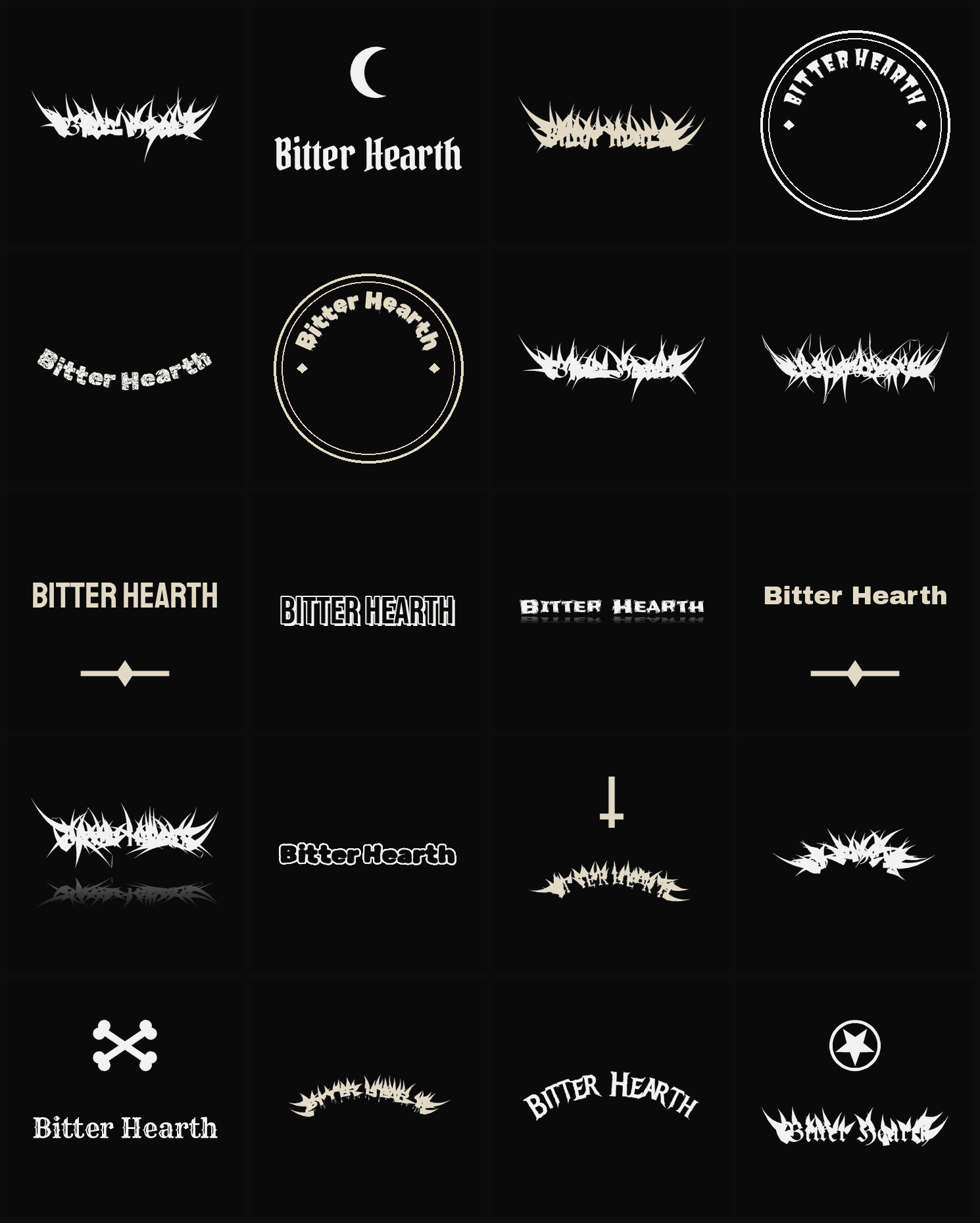 Twenty Bitter Hearth band logo ideas — different faces, treatments and spike settings