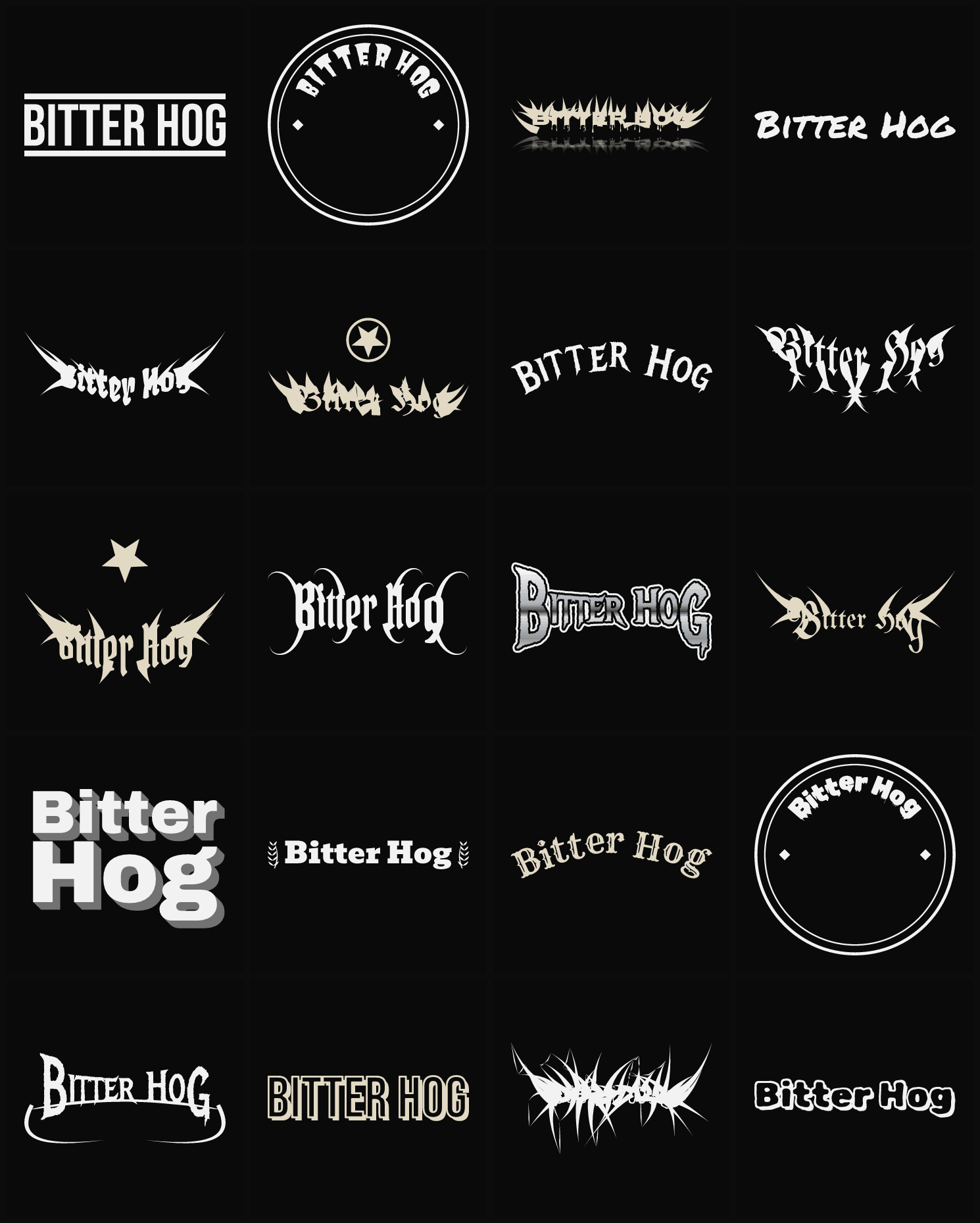 Twenty Bitter Hog band logo ideas — different faces, treatments and spike settings