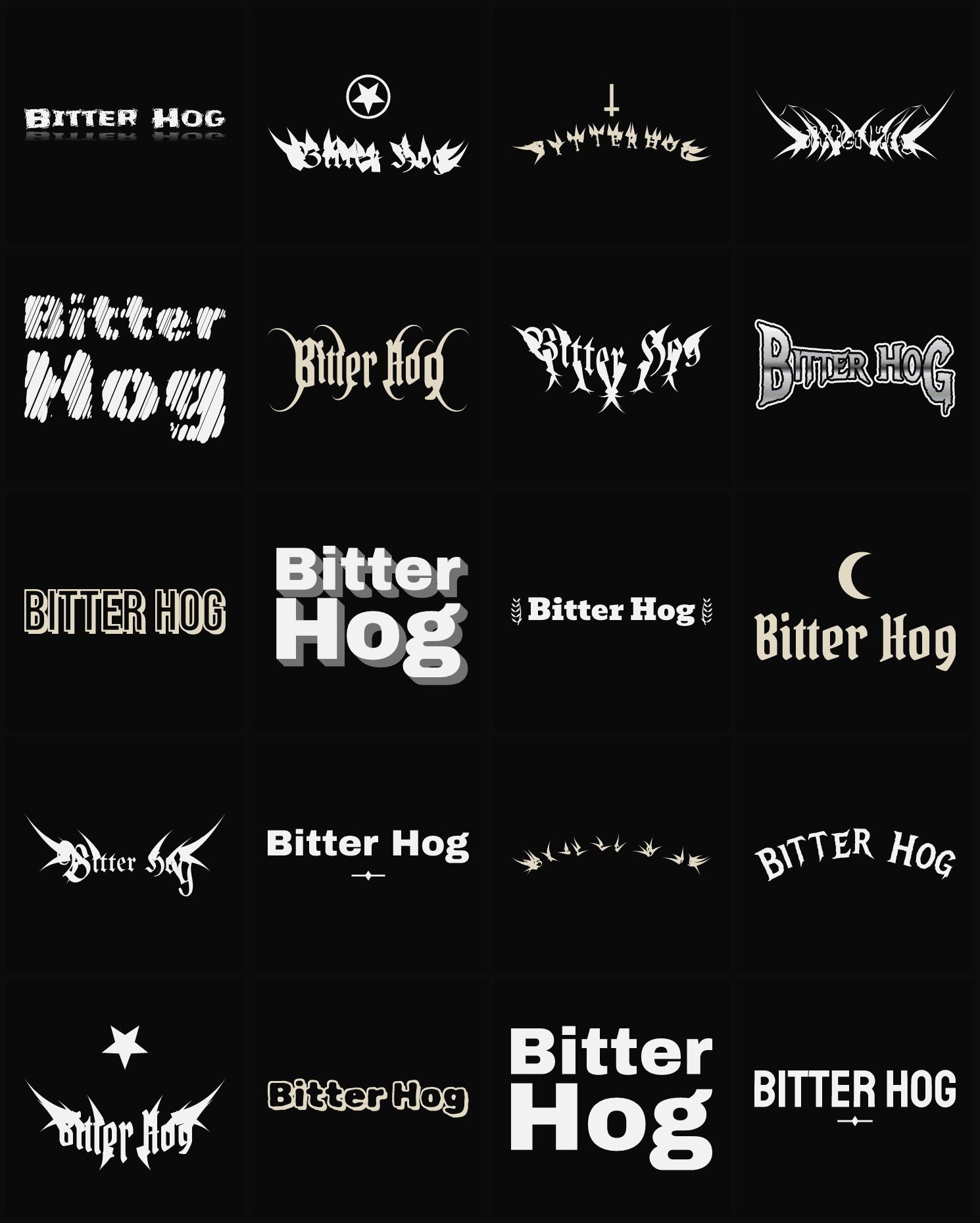 Twenty Bitter Hog band logo ideas — different faces, treatments and spike settings
