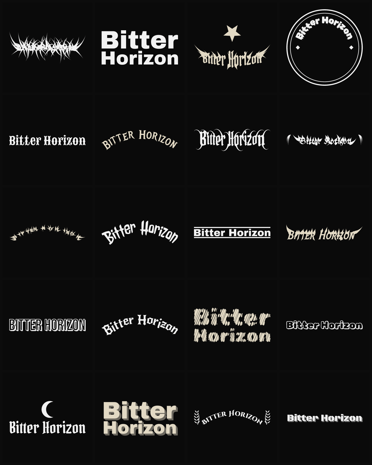 Twenty Bitter Horizon band logo ideas — different faces, treatments and spike settings
