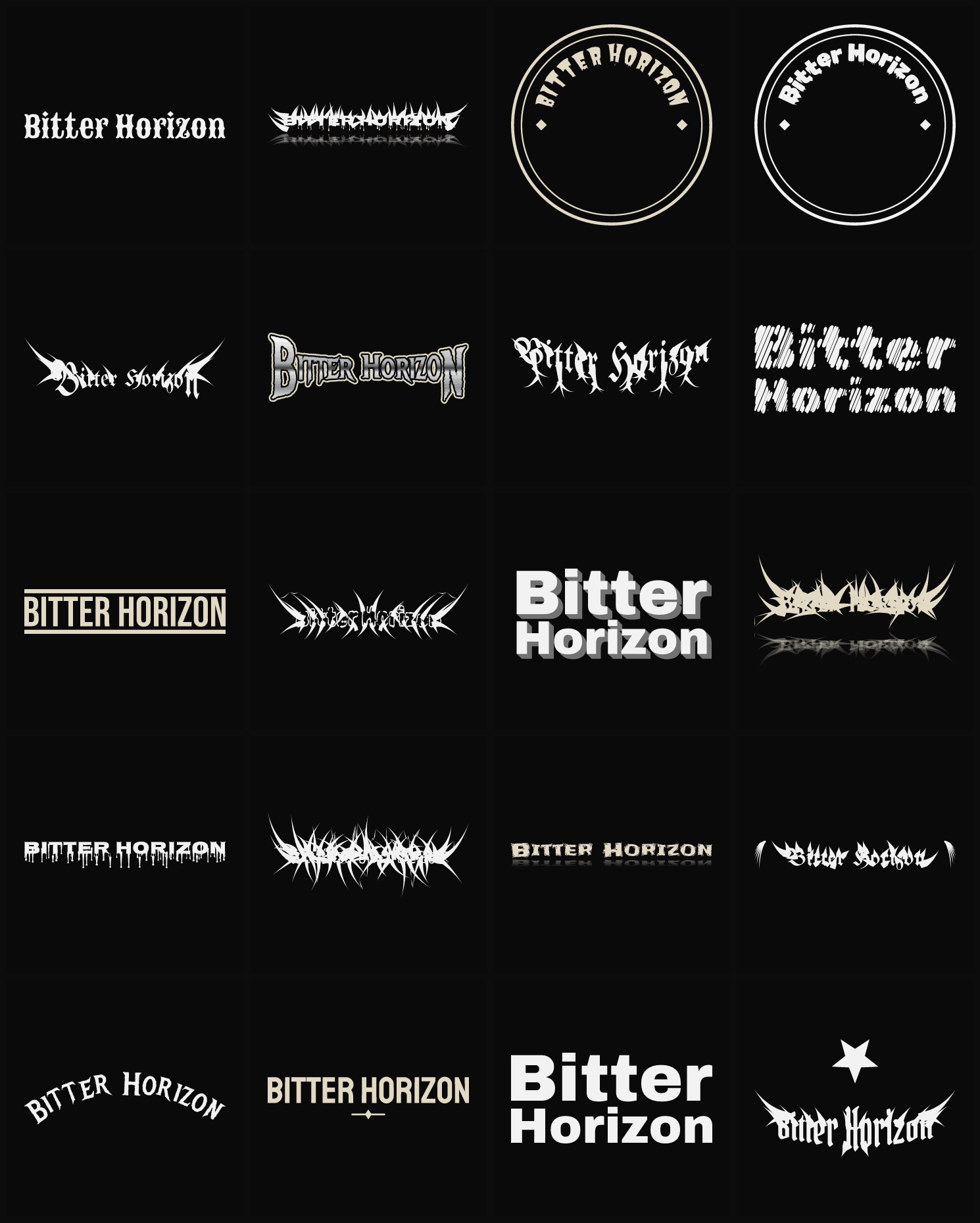 Twenty Bitter Horizon band logo ideas — different faces, treatments and spike settings