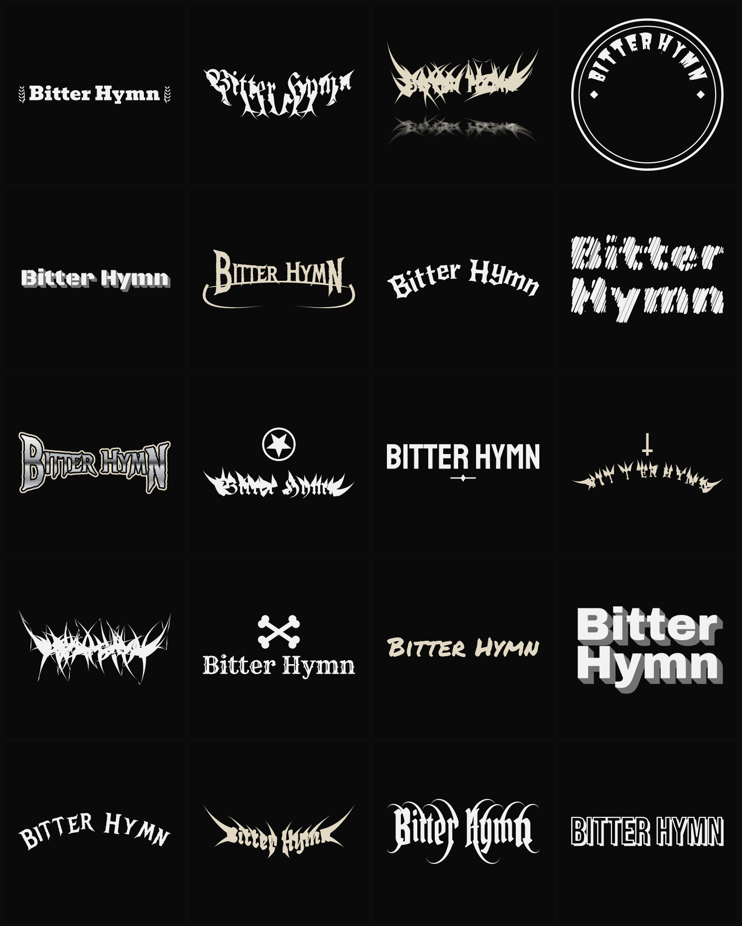 Twenty Bitter Hymn band logo ideas — different faces, treatments and spike settings