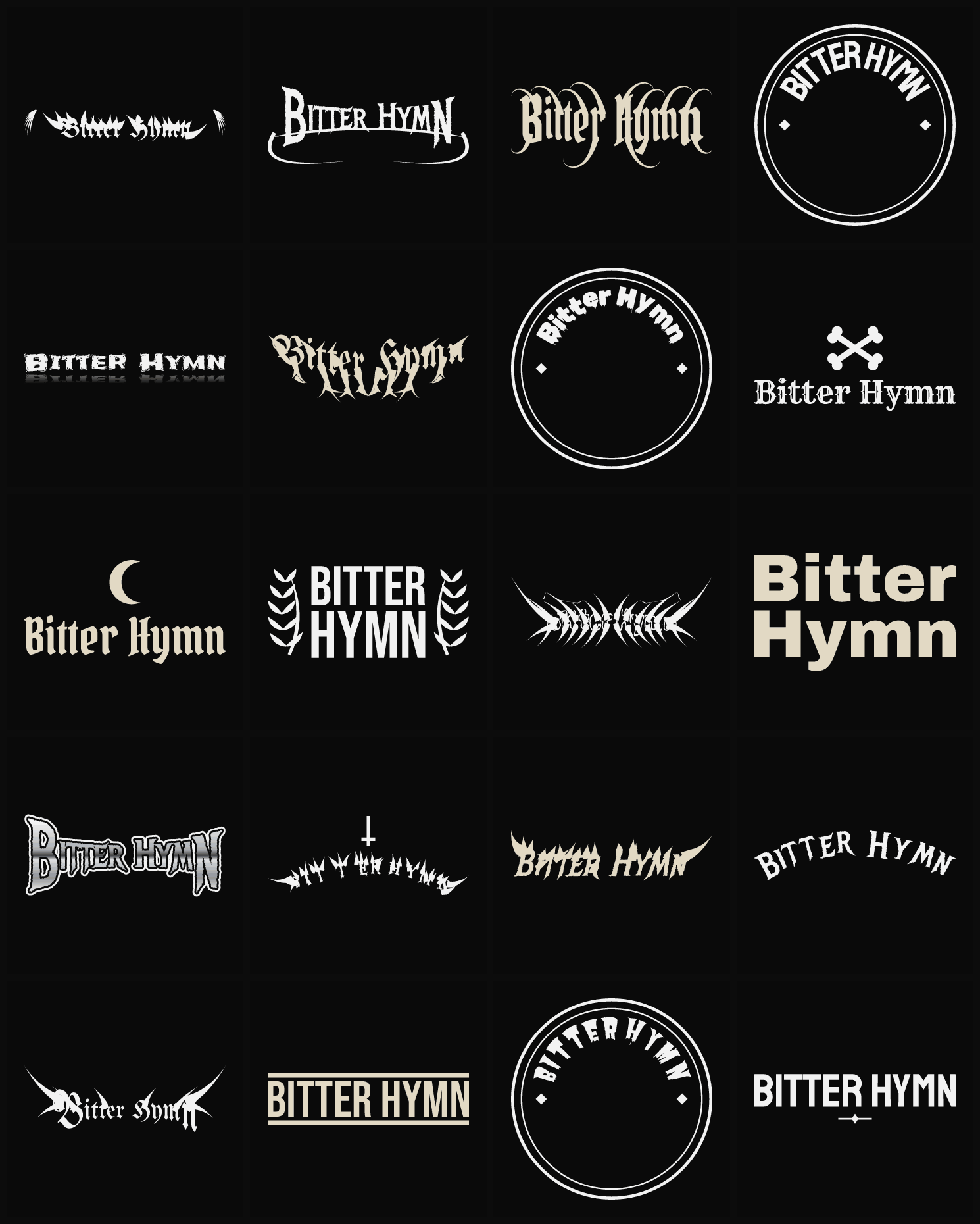Twenty Bitter Hymn band logo ideas — different faces, treatments and spike settings