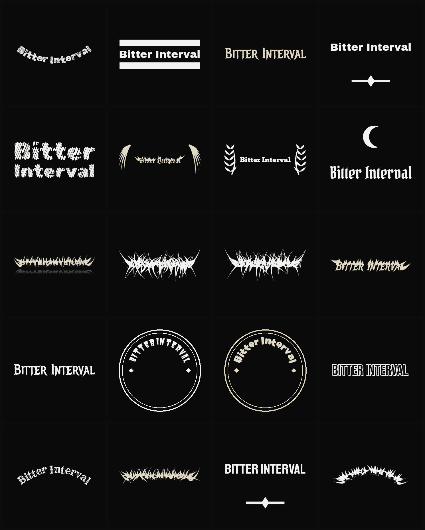 Twenty Bitter Interval band logo ideas — different faces, treatments and spike settings