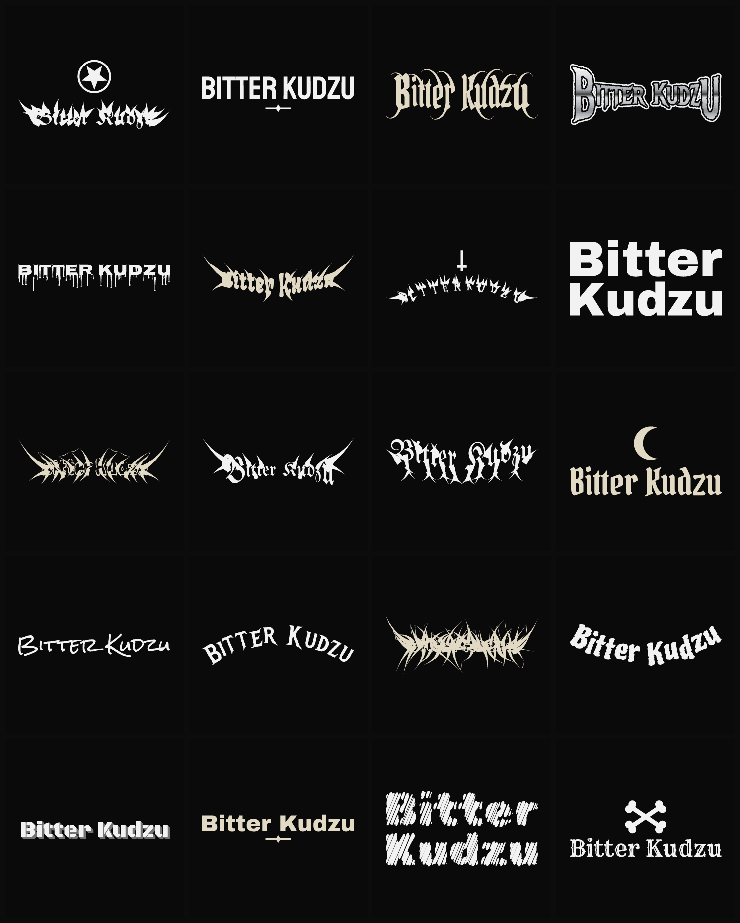 Twenty Bitter Kudzu band logo ideas — different faces, treatments and spike settings