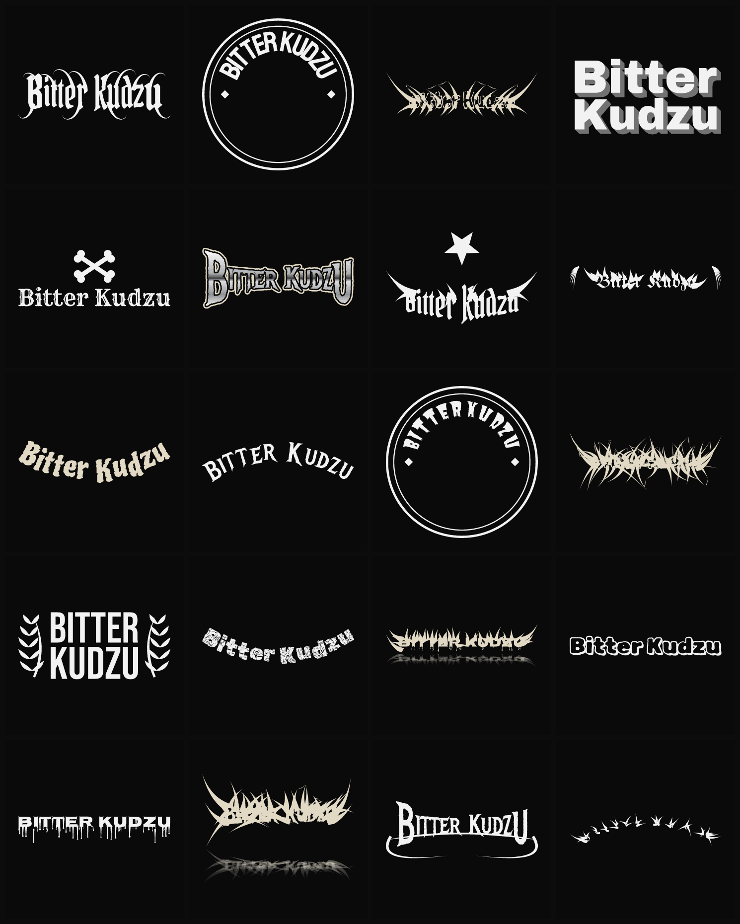 Twenty Bitter Kudzu band logo ideas — different faces, treatments and spike settings