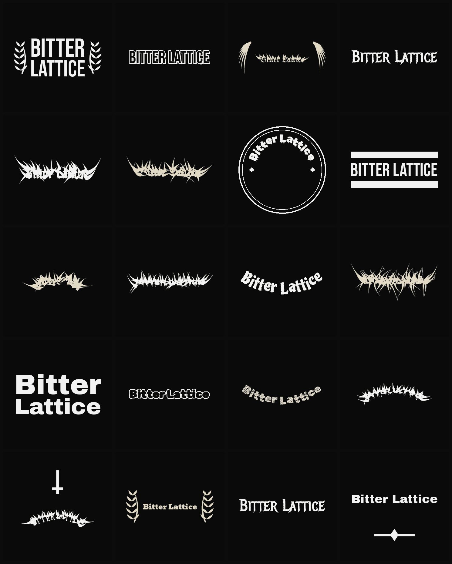 Twenty Bitter Lattice band logo ideas — different faces, treatments and spike settings