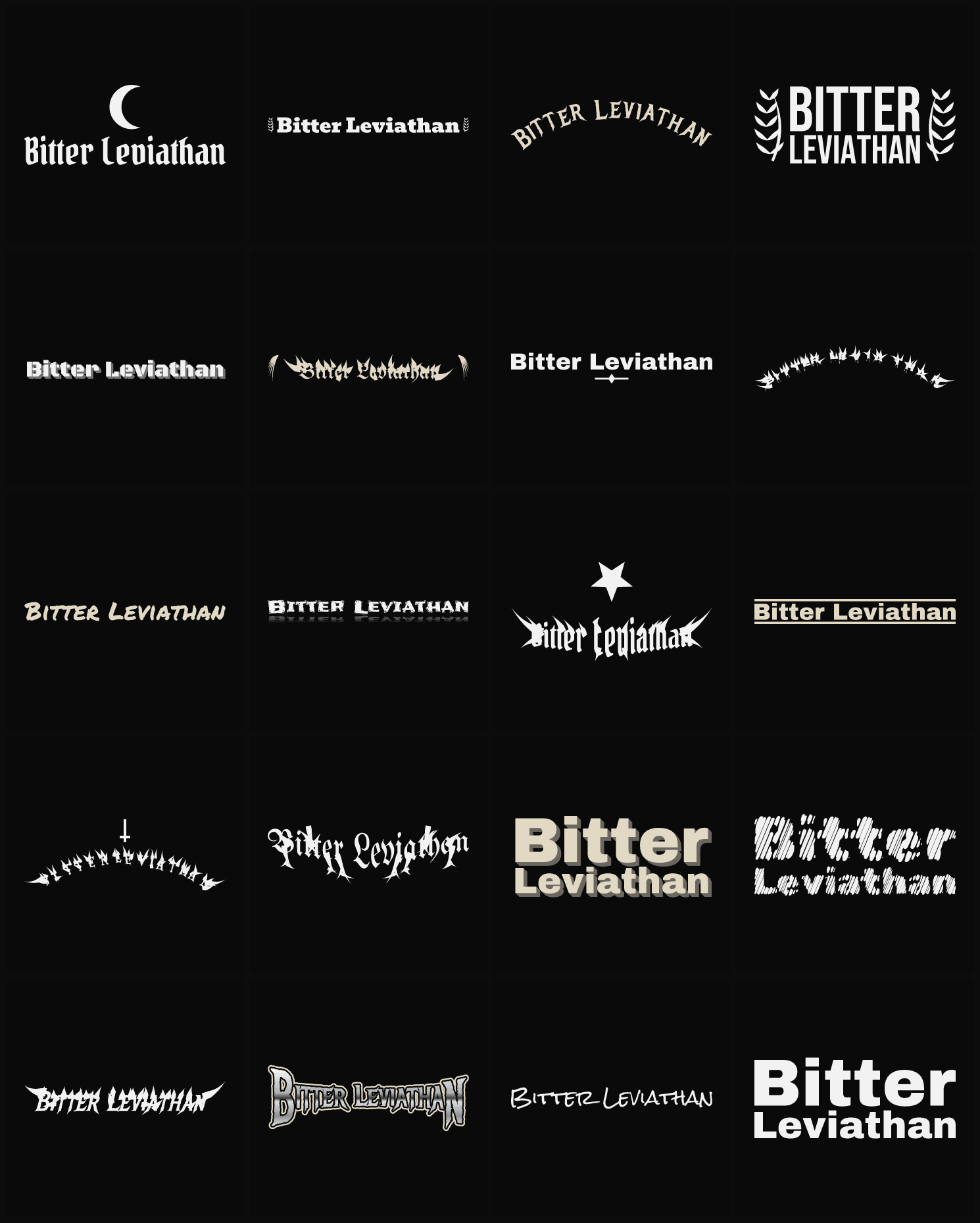 Twenty Bitter Leviathan band logo ideas — different faces, treatments and spike settings