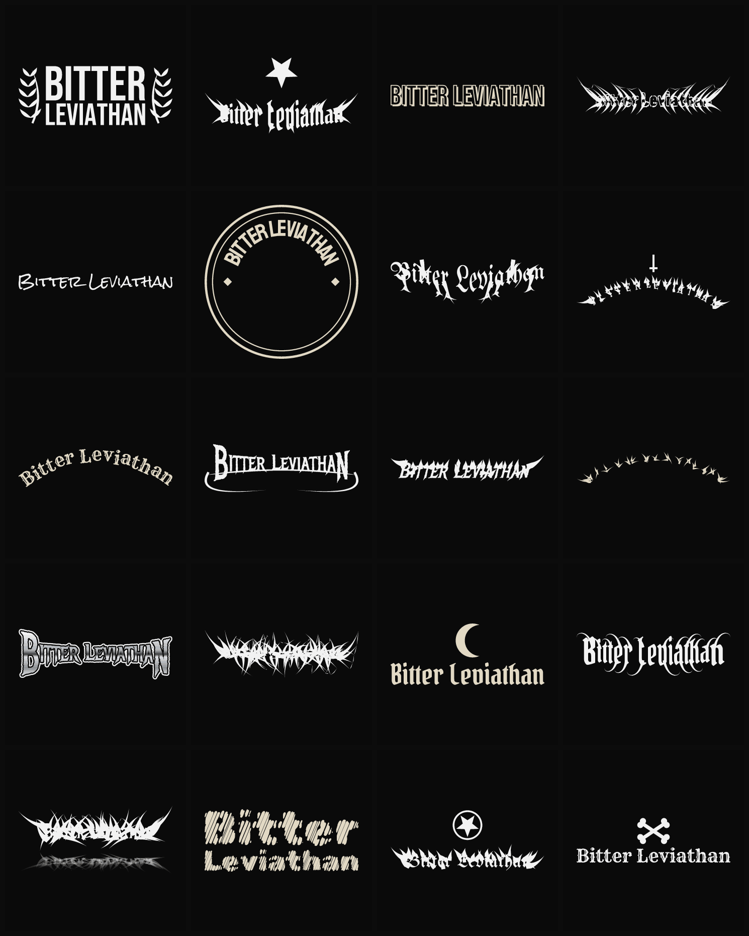 Twenty Bitter Leviathan band logo ideas — different faces, treatments and spike settings