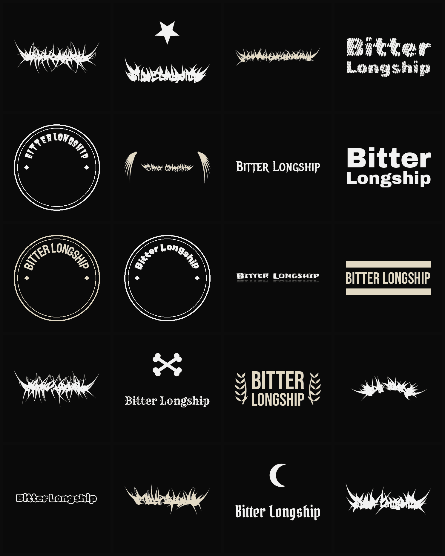 Twenty Bitter Longship band logo ideas — different faces, treatments and spike settings