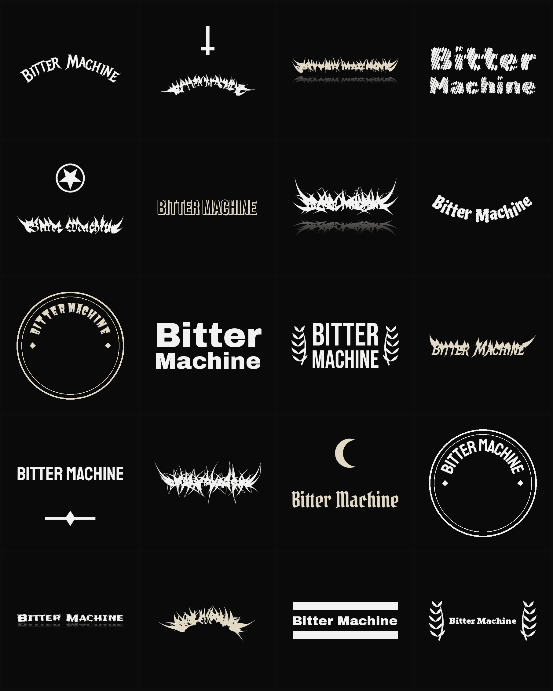 Twenty Bitter Machine band logo ideas — different faces, treatments and spike settings