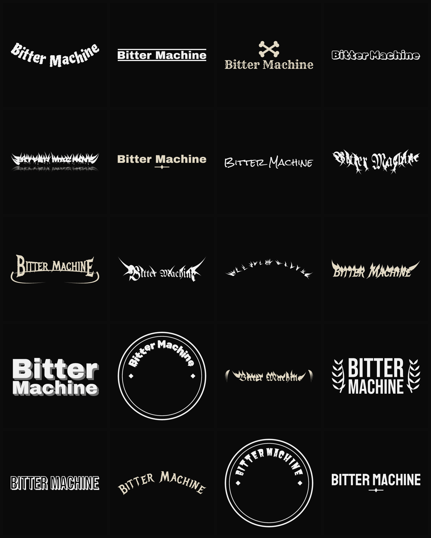 Twenty Bitter Machine band logo ideas — different faces, treatments and spike settings