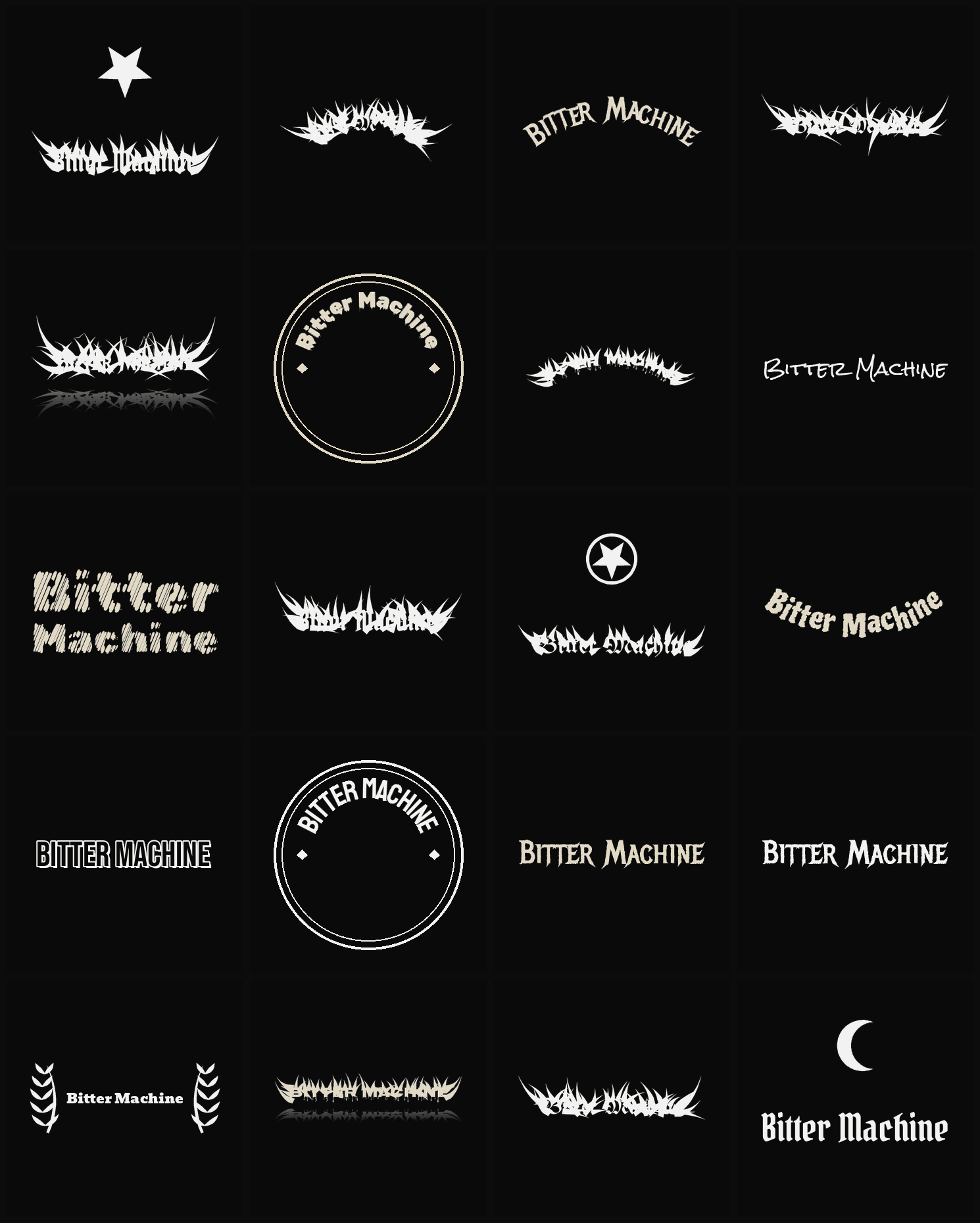 Twenty Bitter Machine band logo ideas — different faces, treatments and spike settings
