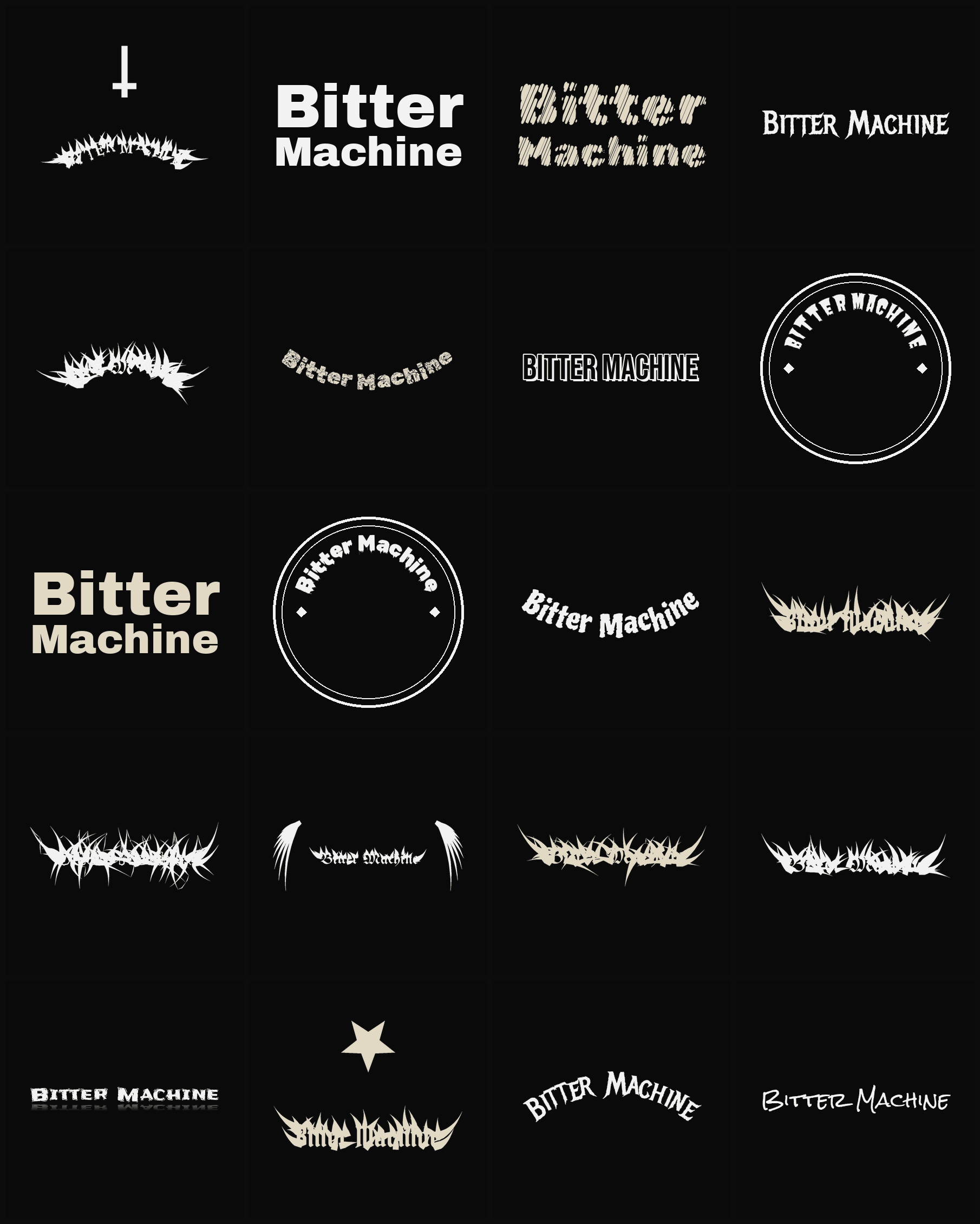 Twenty Bitter Machine band logo ideas — different faces, treatments and spike settings