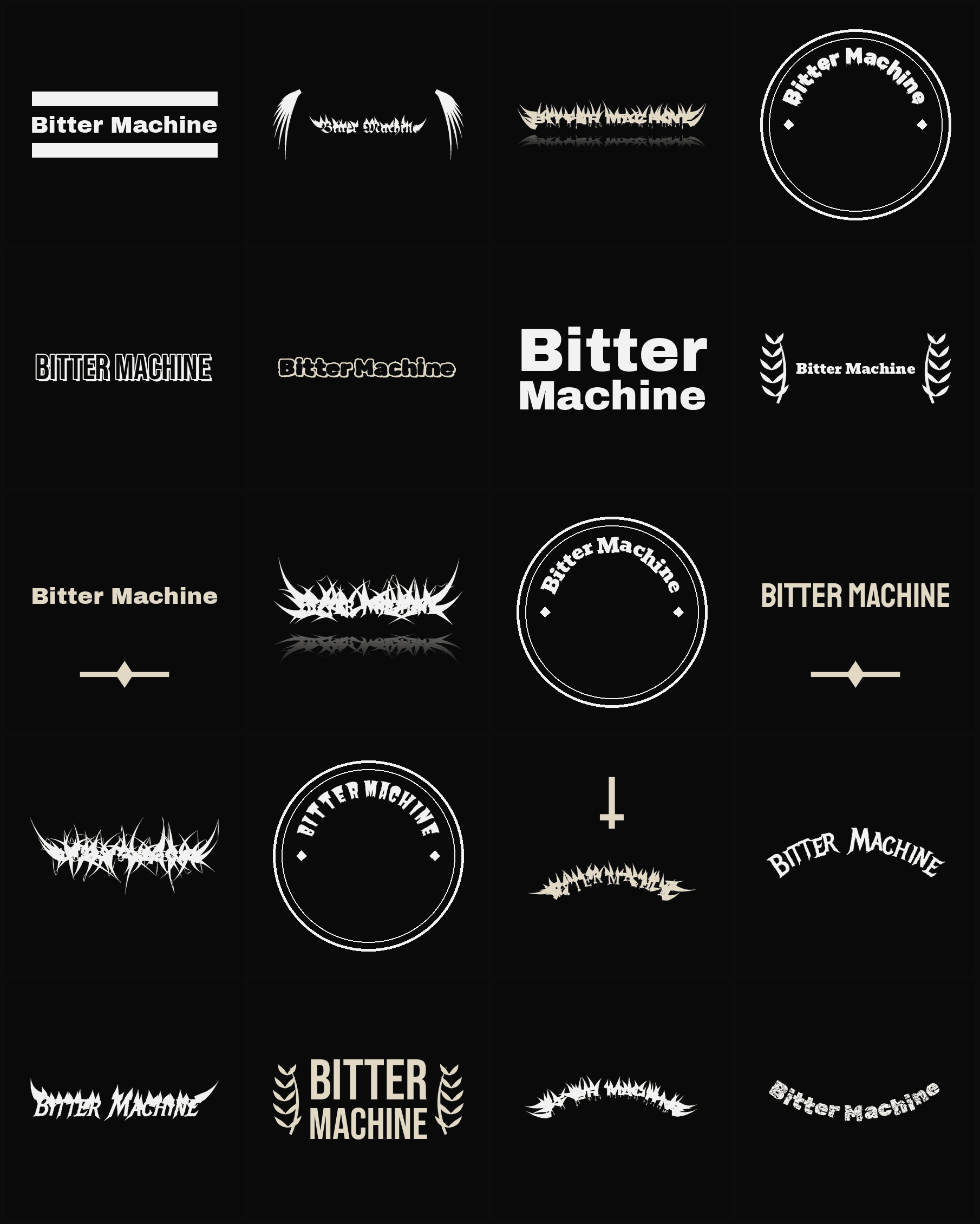 Twenty Bitter Machine band logo ideas — different faces, treatments and spike settings