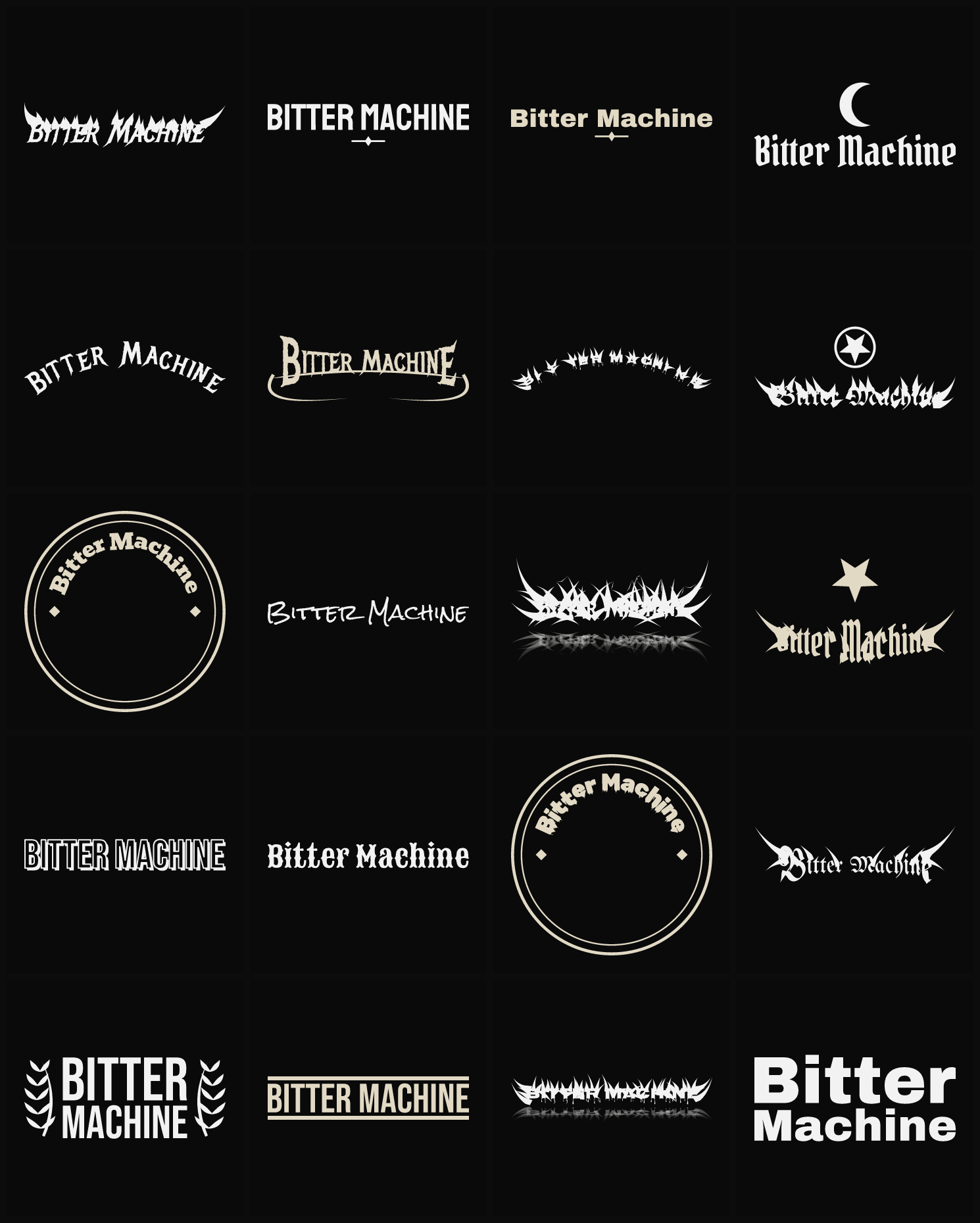 Twenty Bitter Machine band logo ideas — different faces, treatments and spike settings