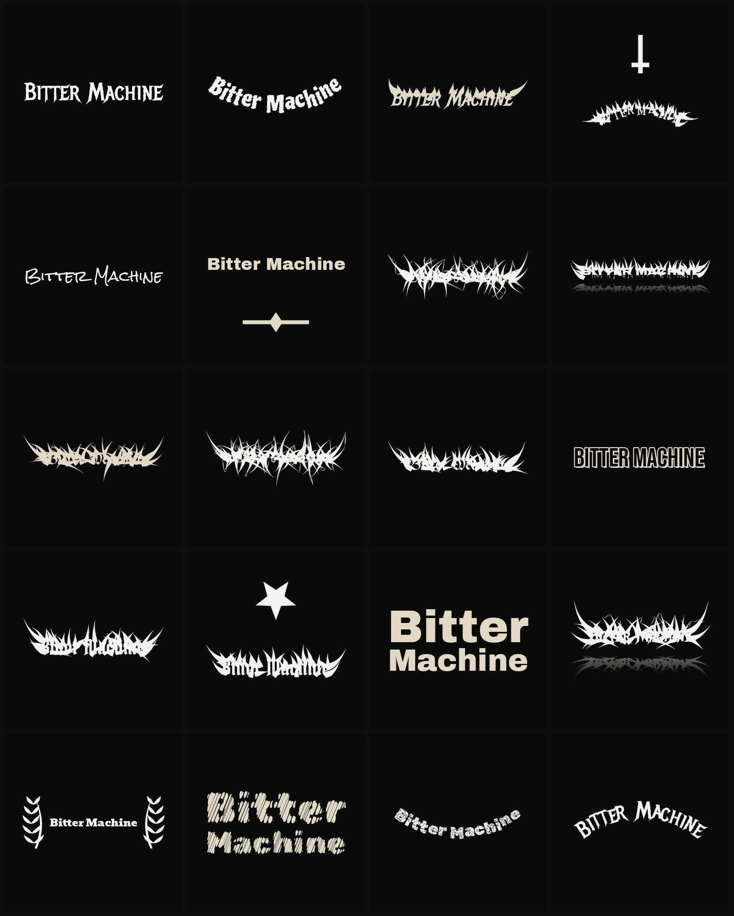 Twenty Bitter Machine band logo ideas — different faces, treatments and spike settings