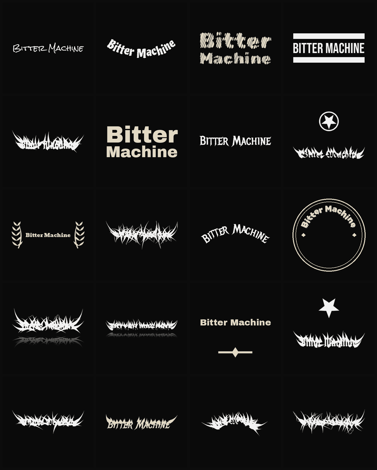 Twenty Bitter Machine band logo ideas — different faces, treatments and spike settings