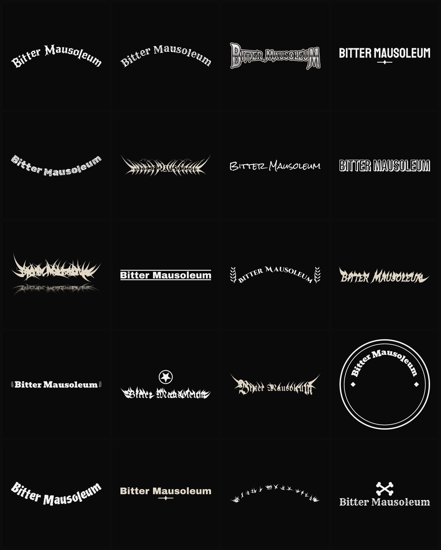 Twenty Bitter Mausoleum band logo ideas — different faces, treatments and spike settings