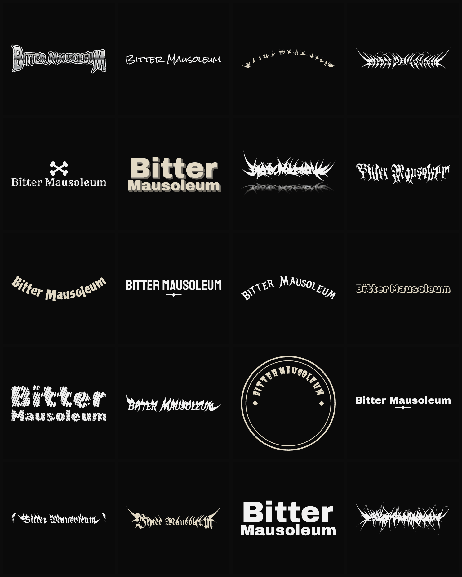 Twenty Bitter Mausoleum band logo ideas — different faces, treatments and spike settings