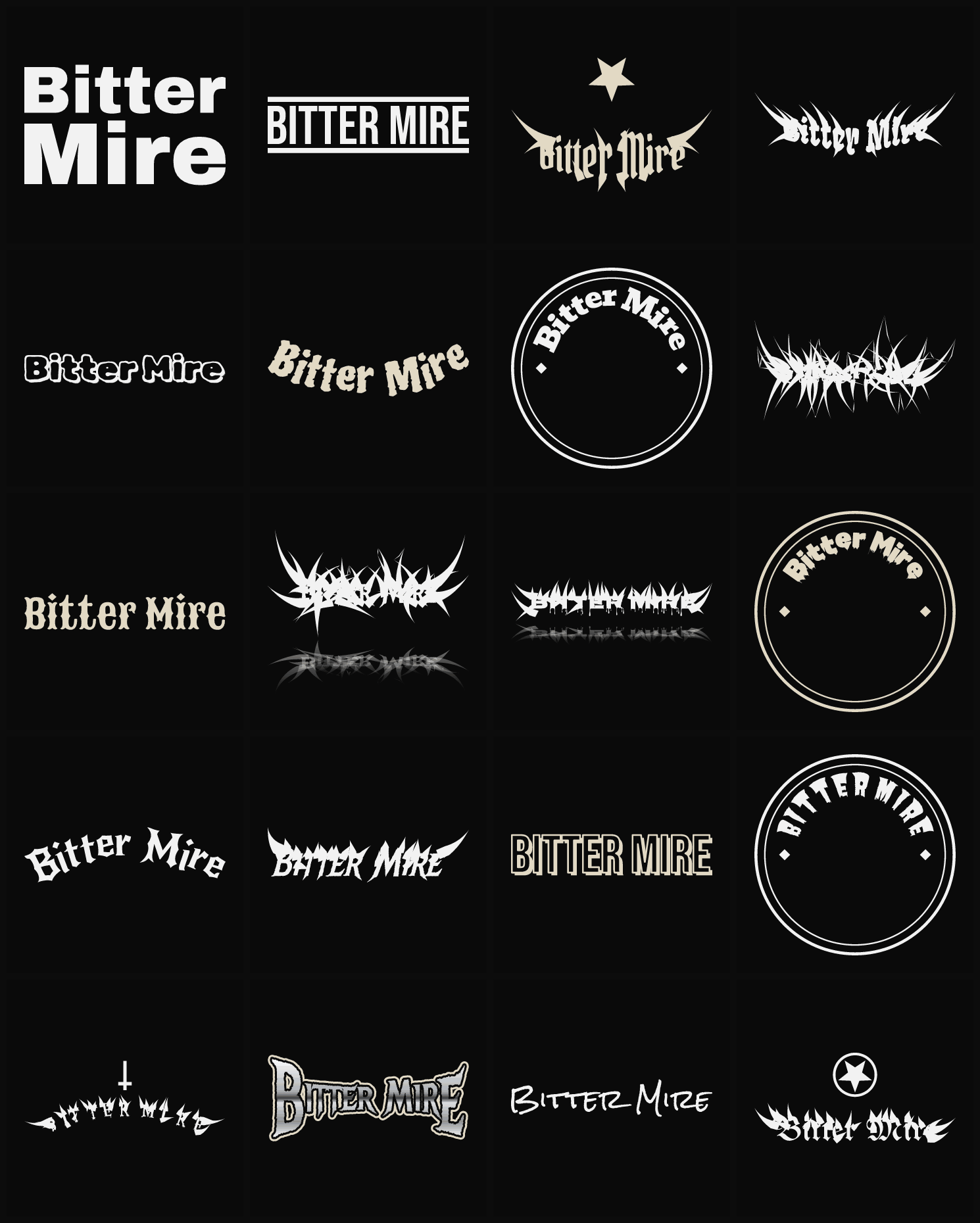 Twenty Bitter Mire band logo ideas — different faces, treatments and spike settings