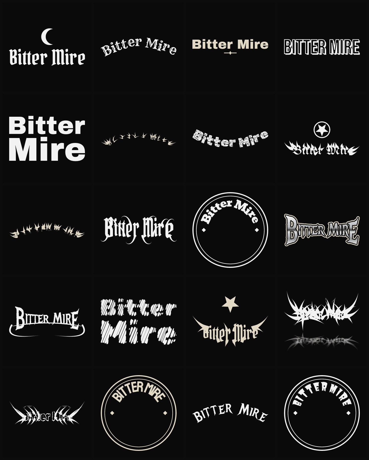 Twenty Bitter Mire band logo ideas — different faces, treatments and spike settings