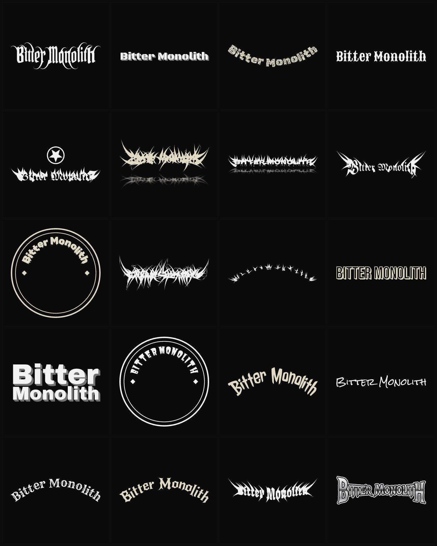 Twenty Bitter Monolith band logo ideas — different faces, treatments and spike settings
