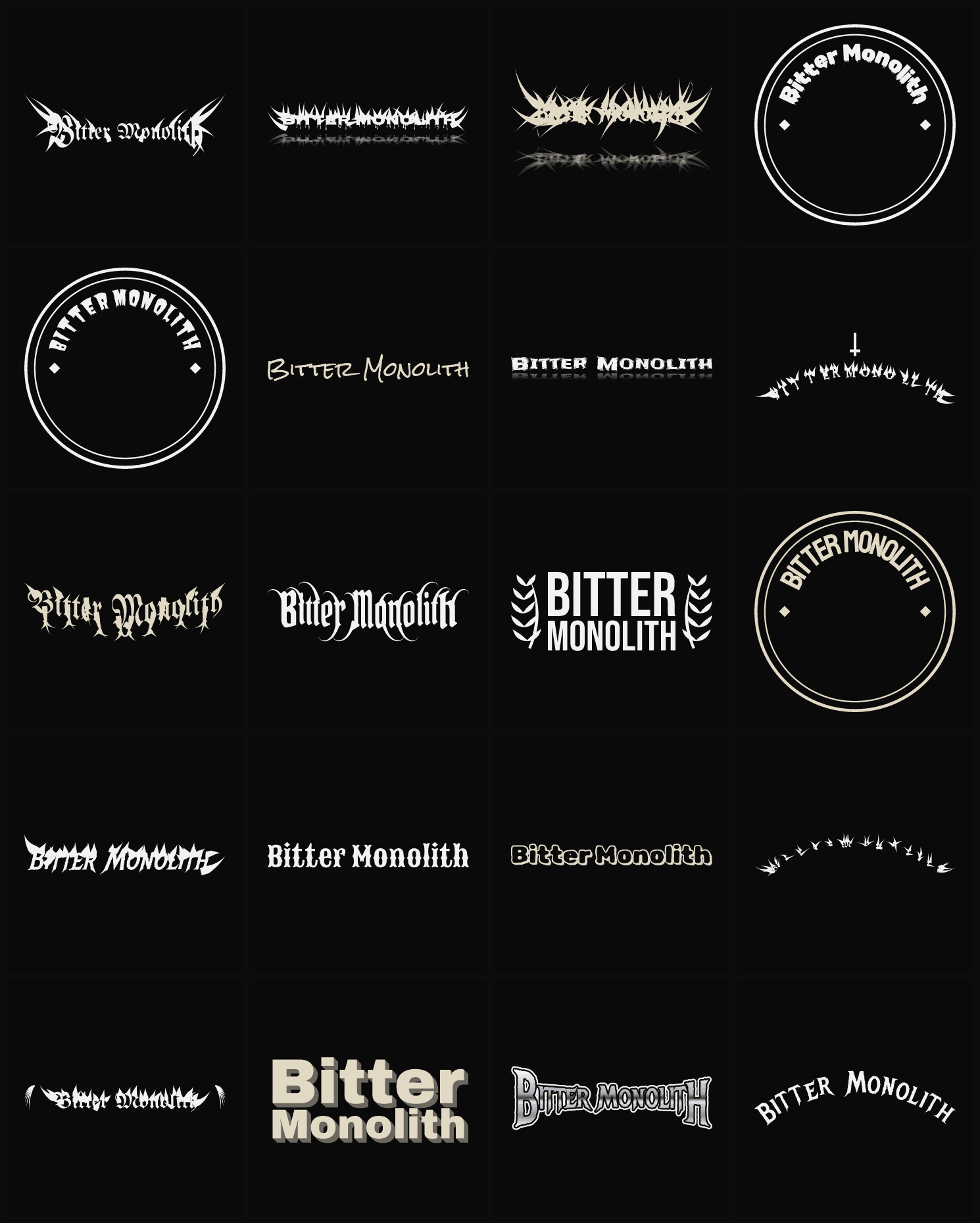 Twenty Bitter Monolith band logo ideas — different faces, treatments and spike settings