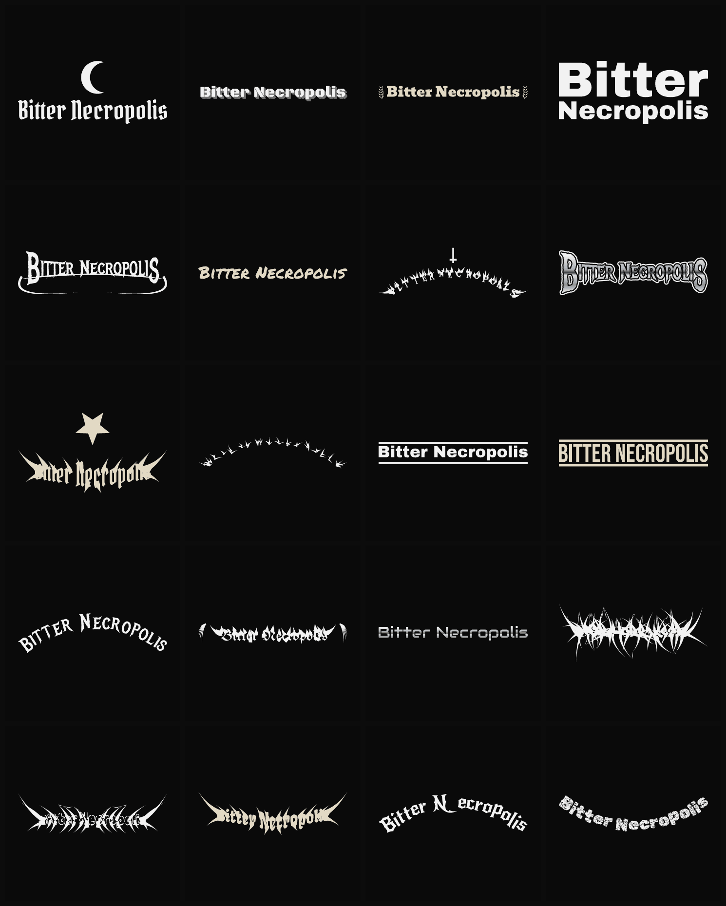 Twenty Bitter Necropolis band logo ideas — different faces, treatments and spike settings