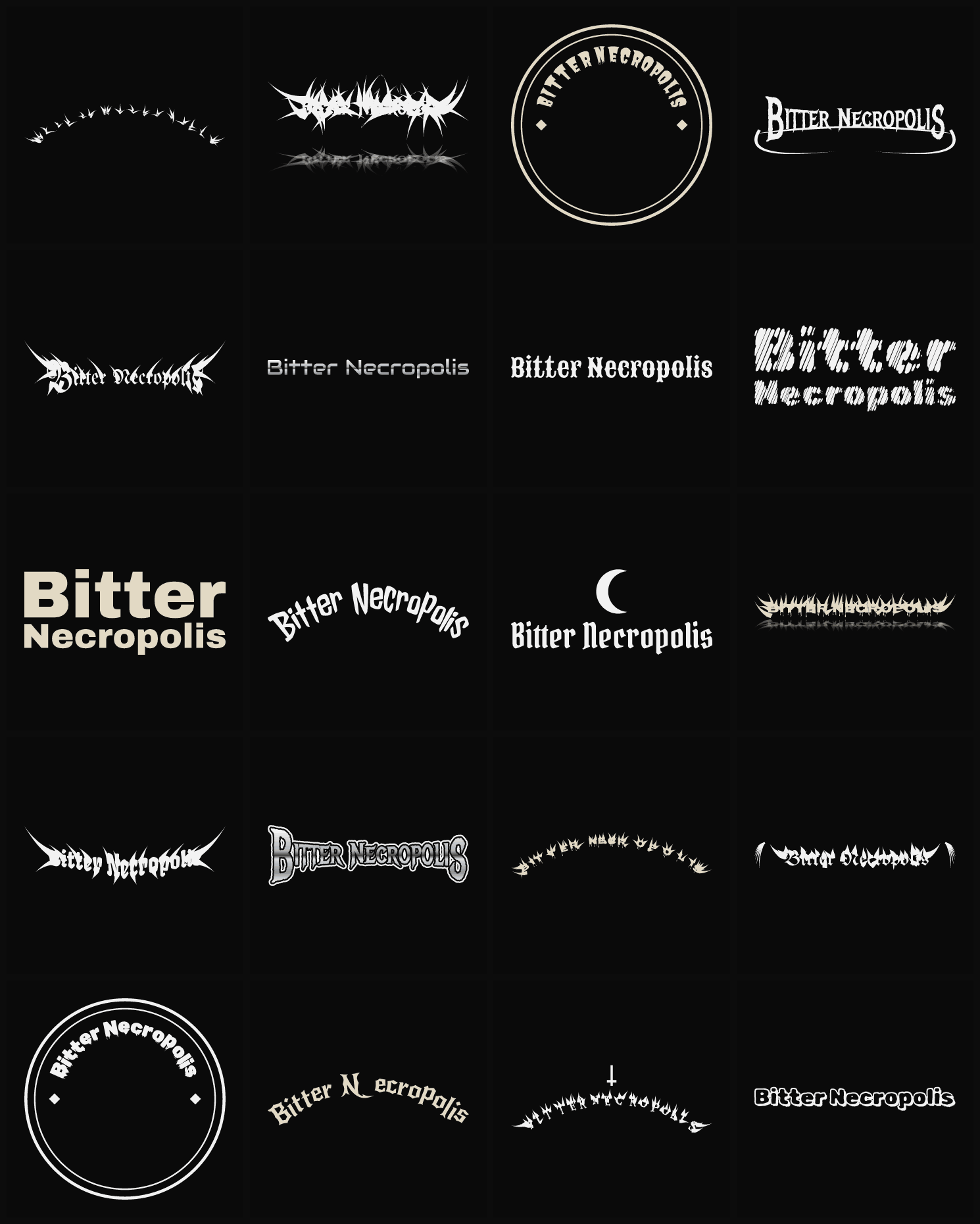 Twenty Bitter Necropolis band logo ideas — different faces, treatments and spike settings