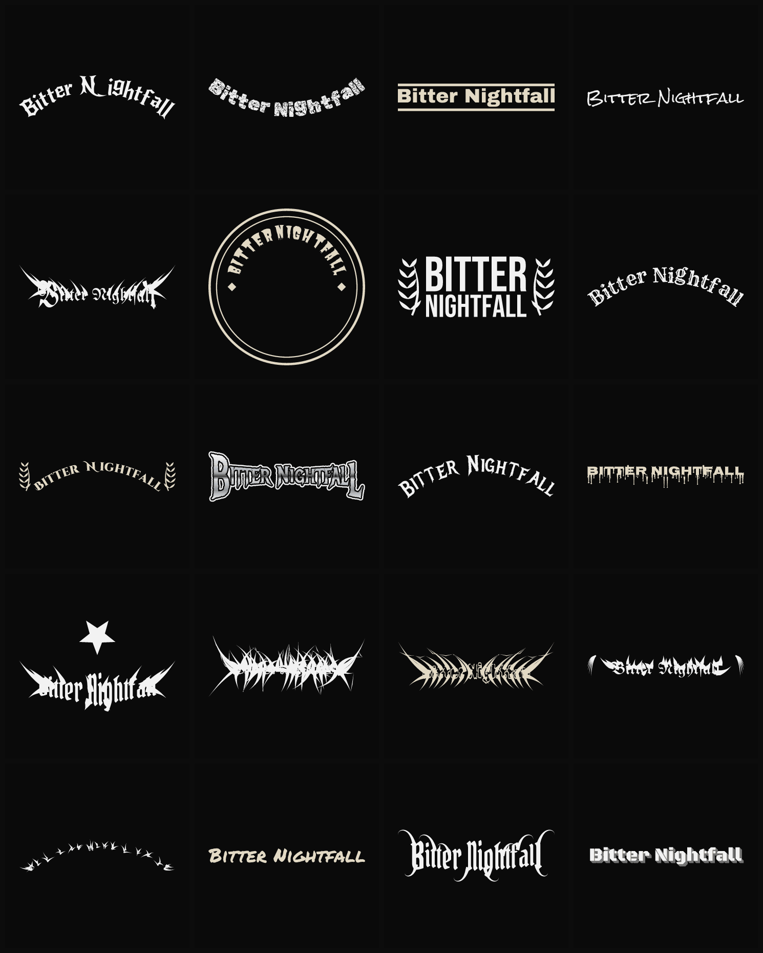 Twenty Bitter Nightfall band logo ideas — different faces, treatments and spike settings