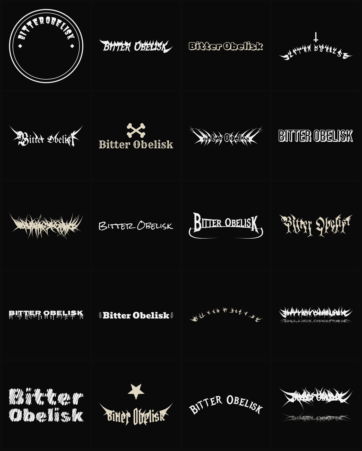 Twenty Bitter Obelisk band logo ideas — different faces, treatments and spike settings