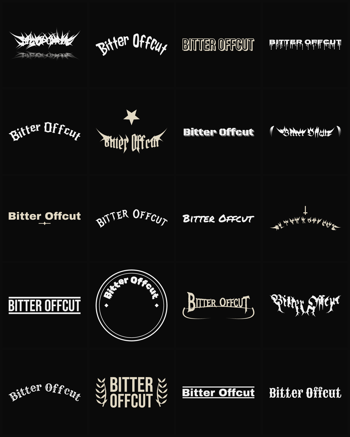 Twenty Bitter Offcut band logo ideas — different faces, treatments and spike settings
