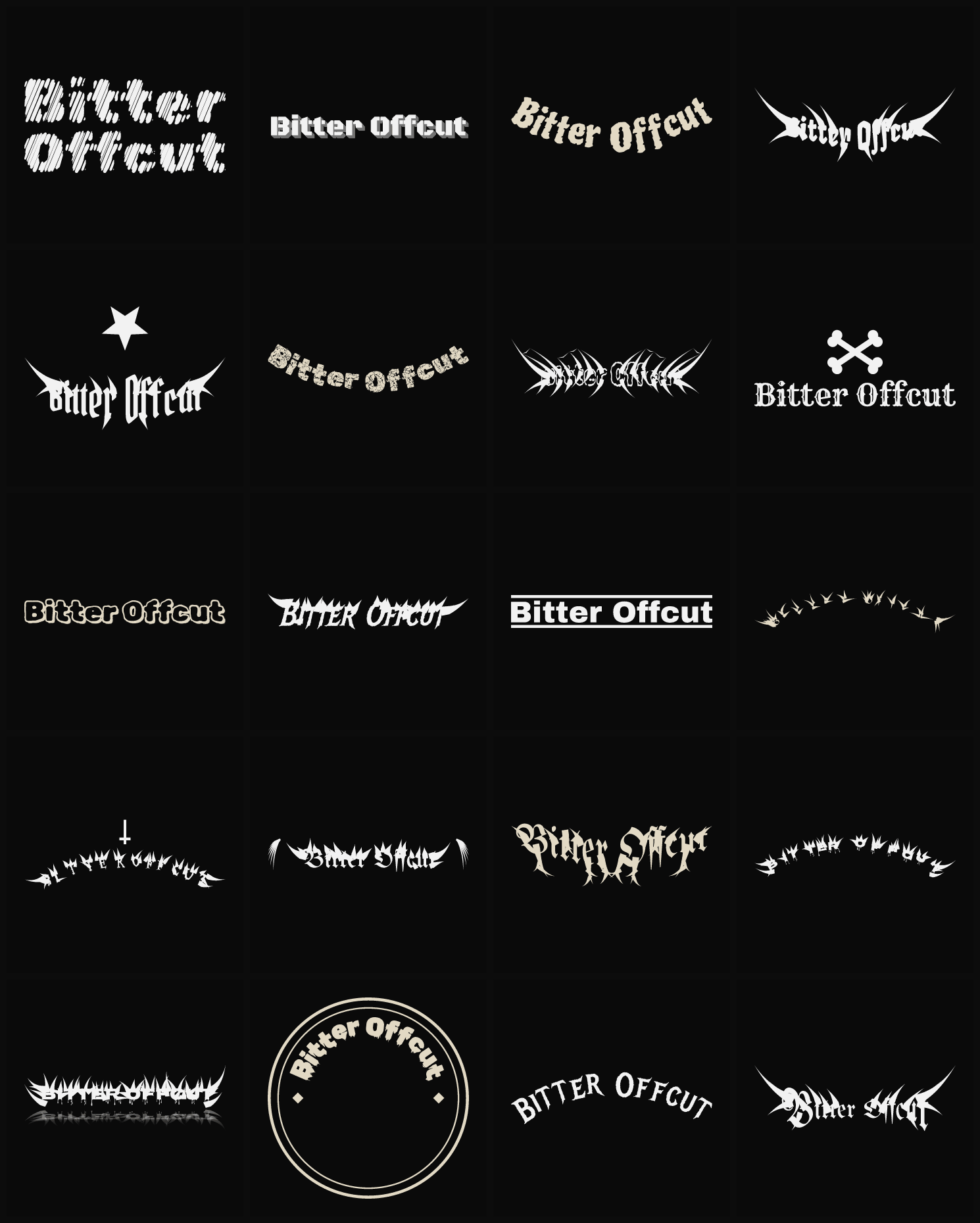 Twenty Bitter Offcut band logo ideas — different faces, treatments and spike settings