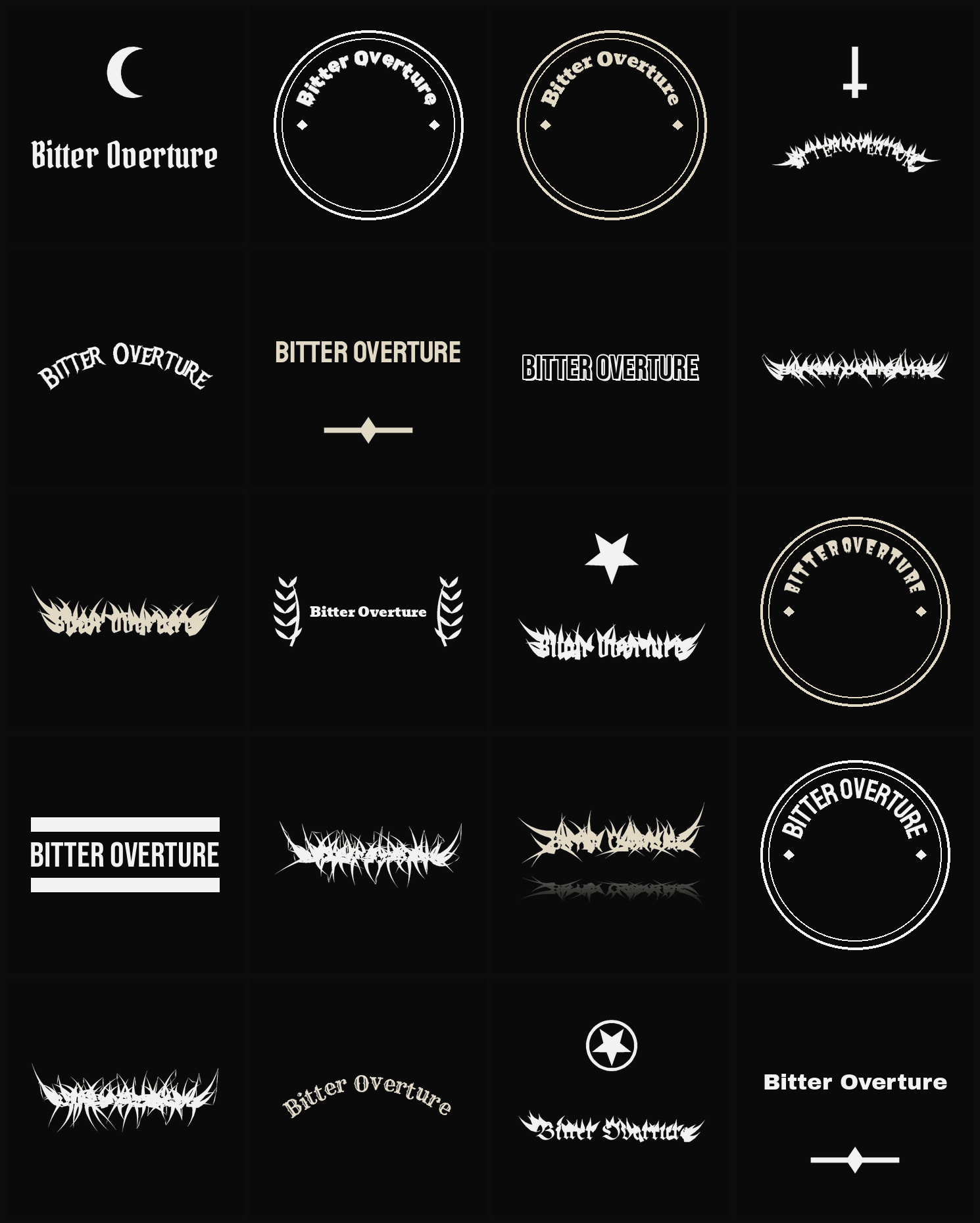 Twenty Bitter Overture band logo ideas — different faces, treatments and spike settings