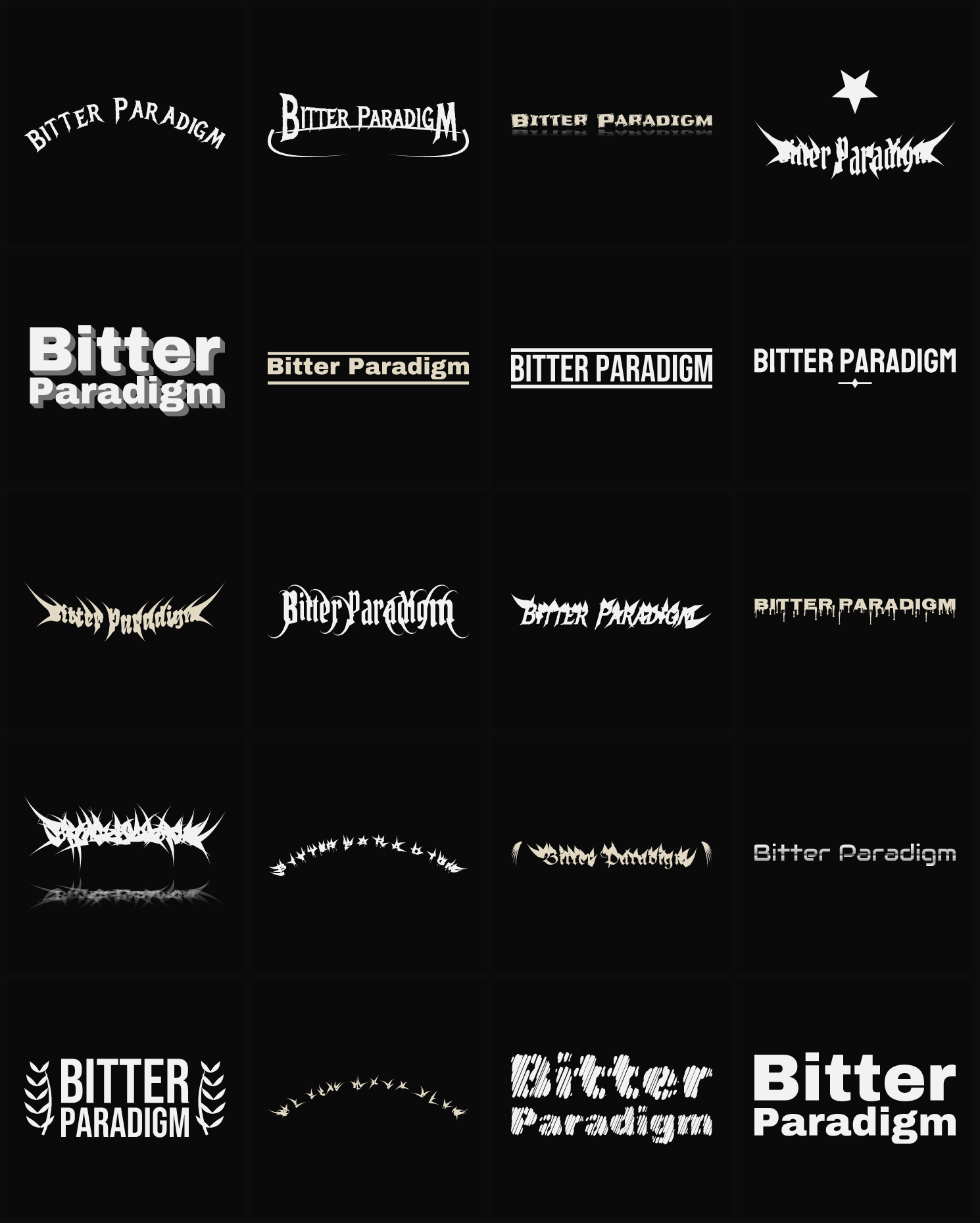 Twenty Bitter Paradigm band logo ideas — different faces, treatments and spike settings