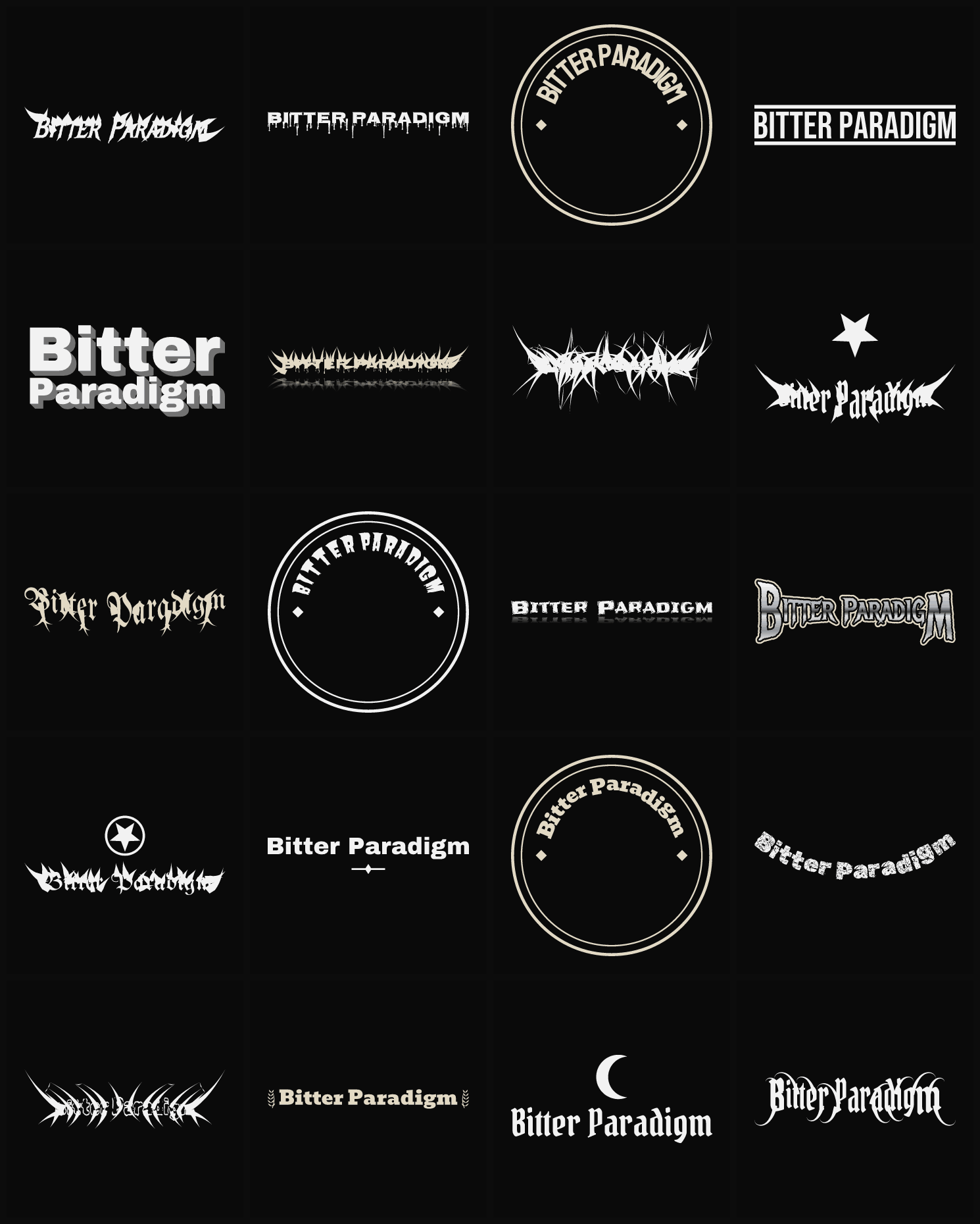 Twenty Bitter Paradigm band logo ideas — different faces, treatments and spike settings