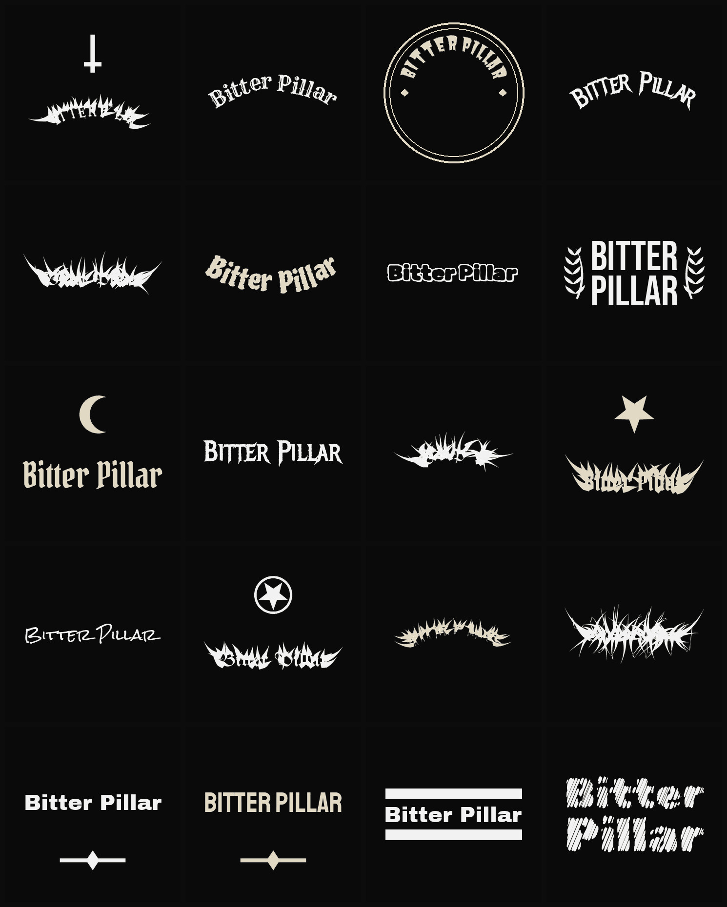 Twenty Bitter Pillar band logo ideas — different faces, treatments and spike settings