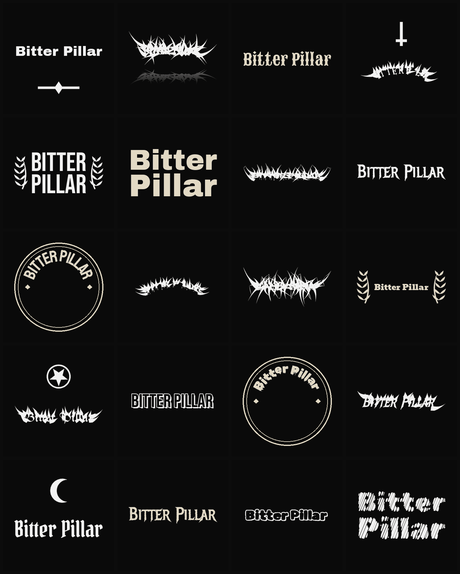 Twenty Bitter Pillar band logo ideas — different faces, treatments and spike settings