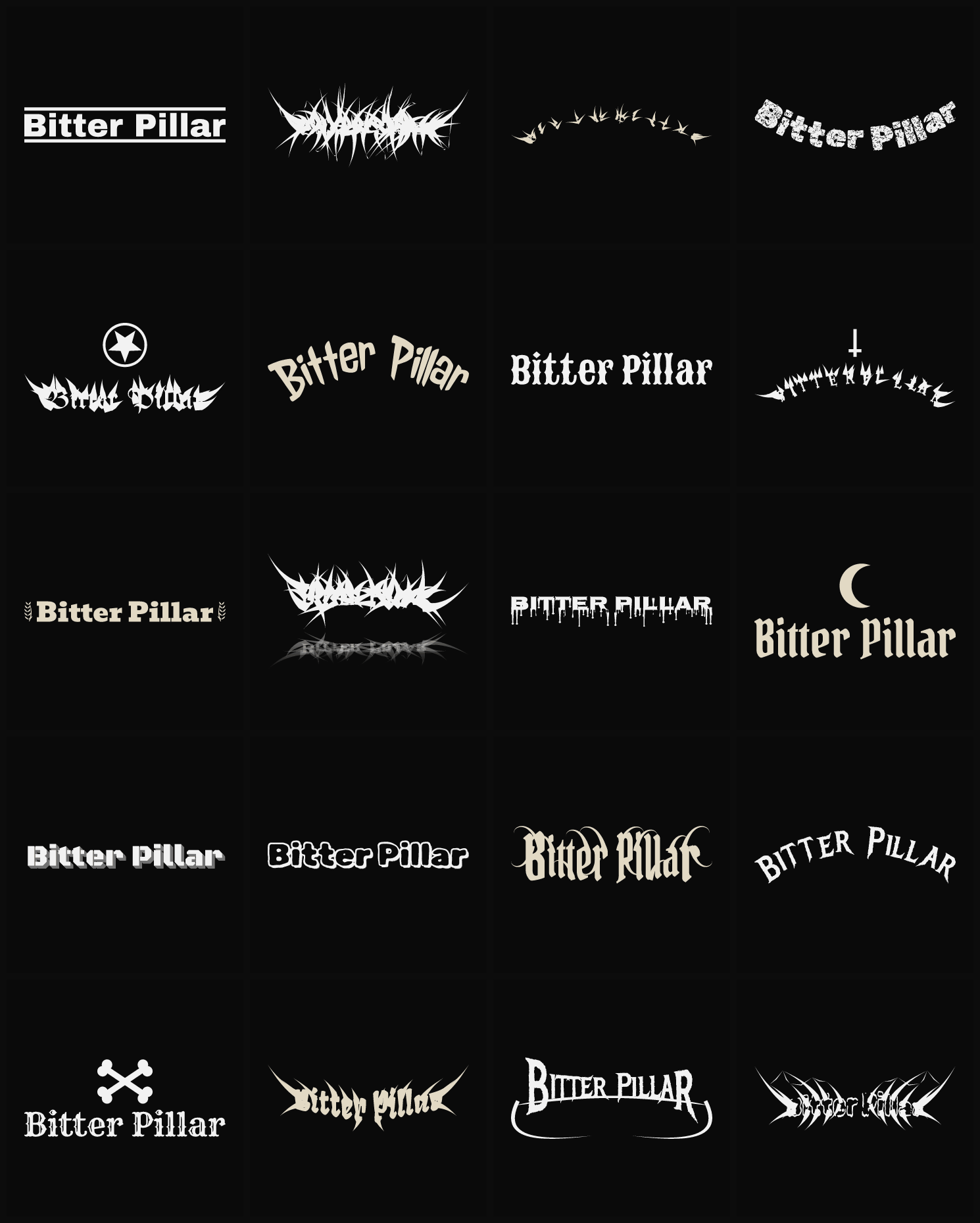 Twenty Bitter Pillar band logo ideas — different faces, treatments and spike settings