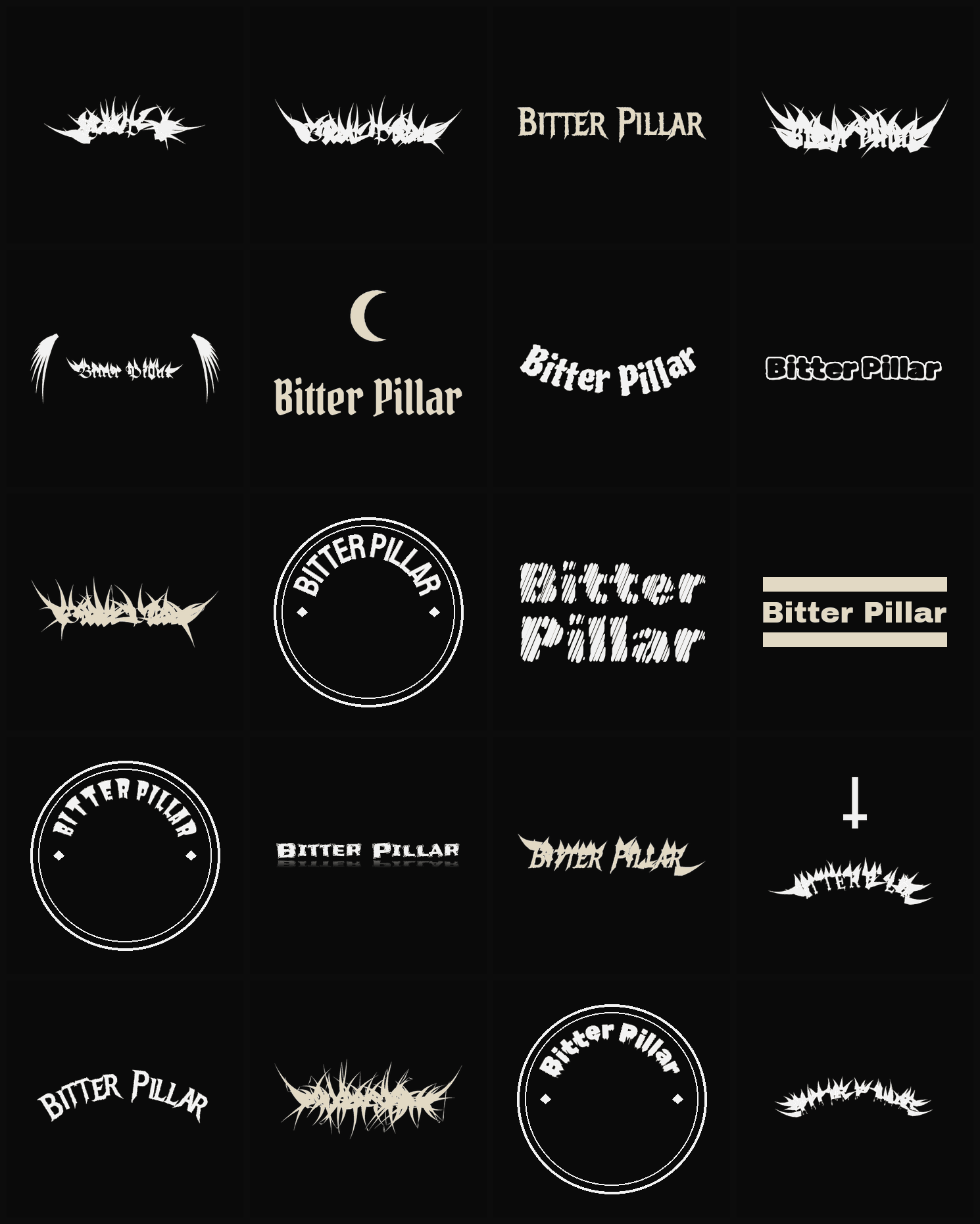 Twenty Bitter Pillar band logo ideas — different faces, treatments and spike settings