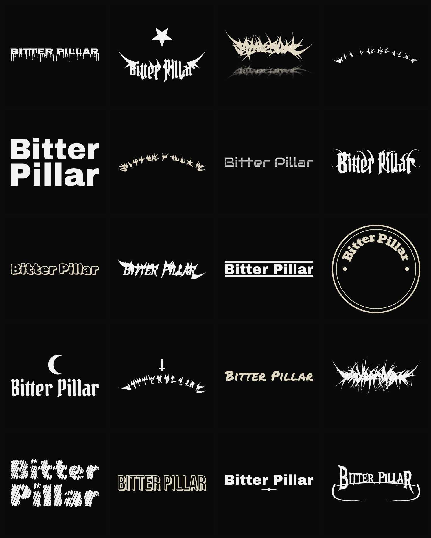 Twenty Bitter Pillar band logo ideas — different faces, treatments and spike settings