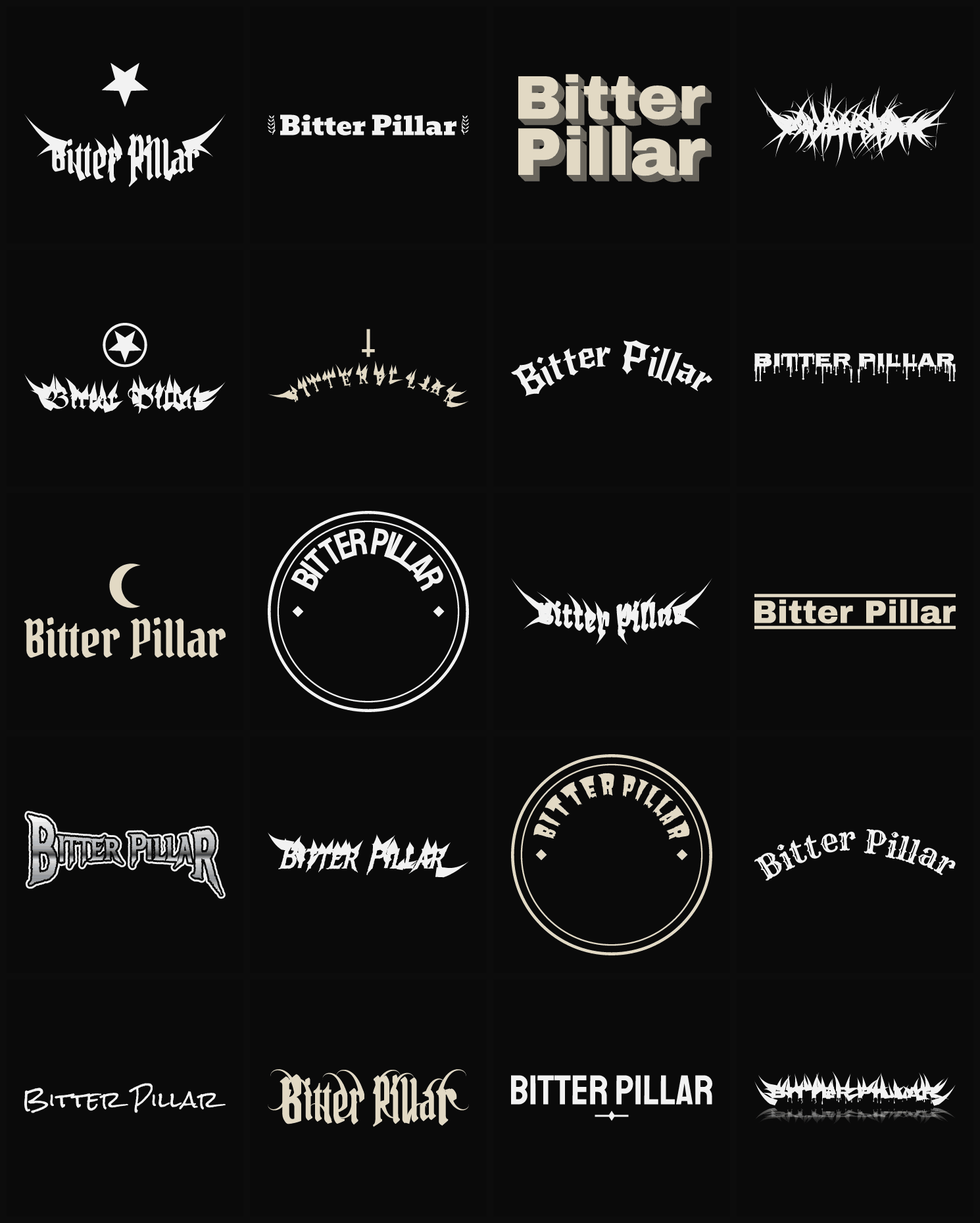 Twenty Bitter Pillar band logo ideas — different faces, treatments and spike settings