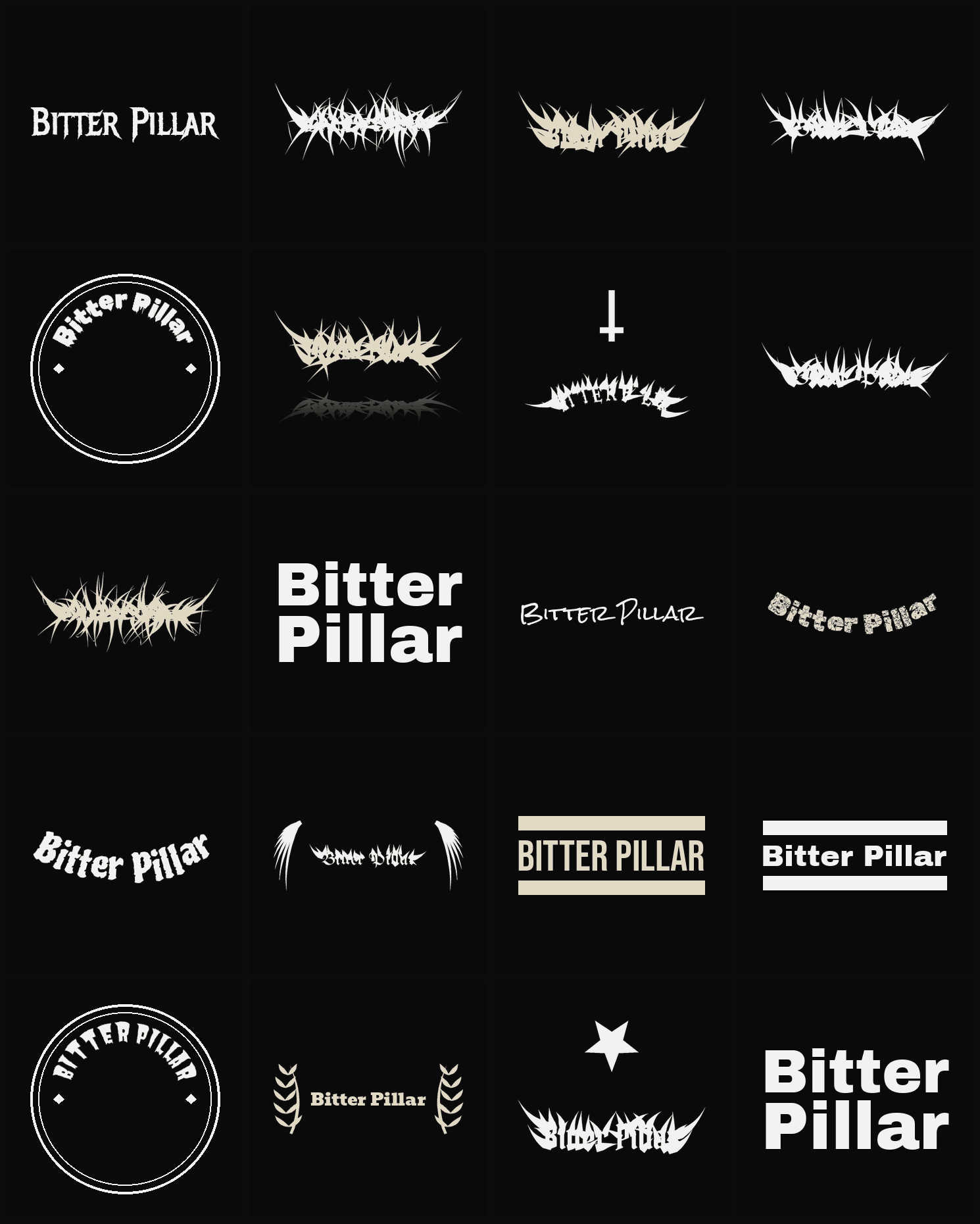 Twenty Bitter Pillar band logo ideas — different faces, treatments and spike settings