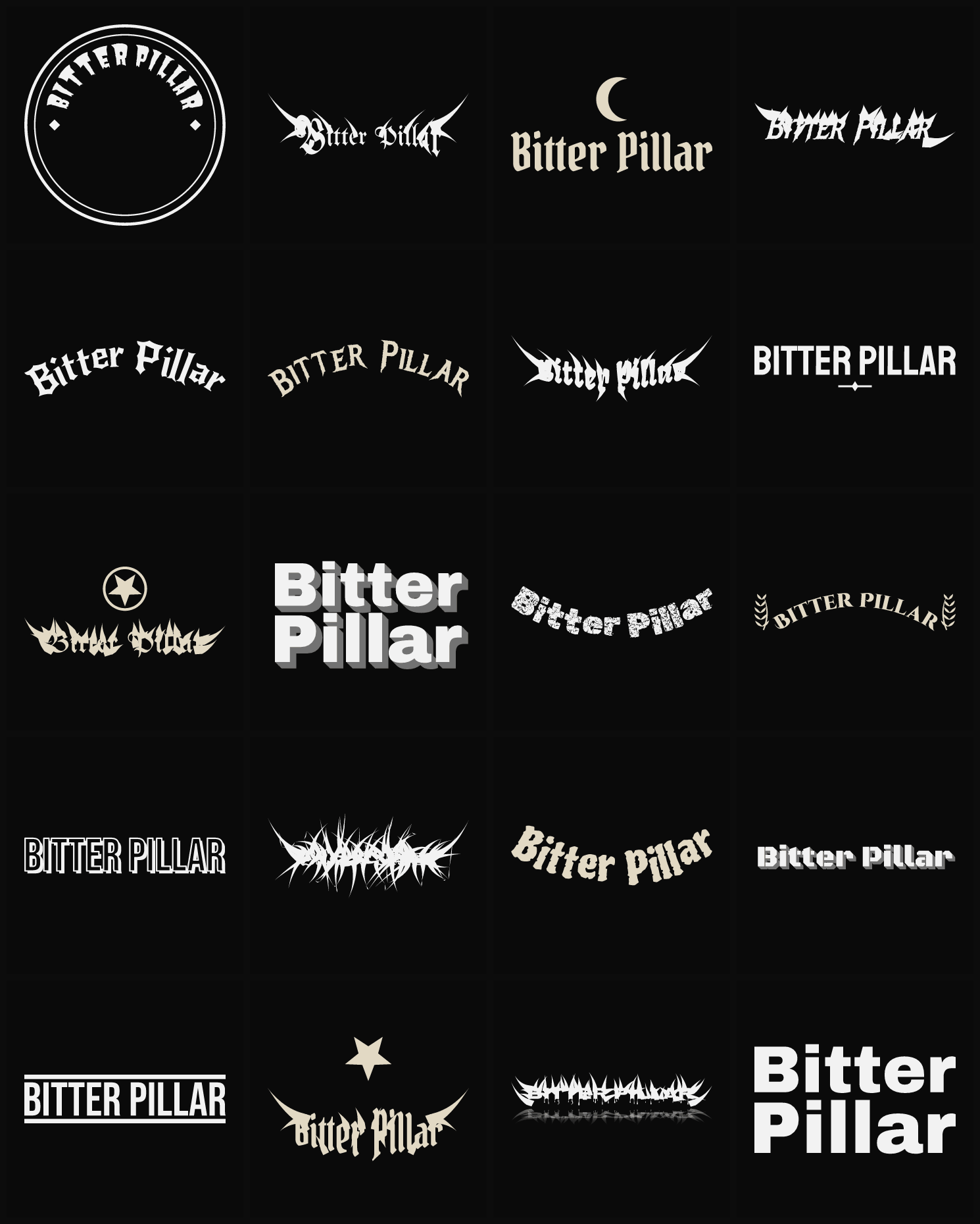 Twenty Bitter Pillar band logo ideas — different faces, treatments and spike settings