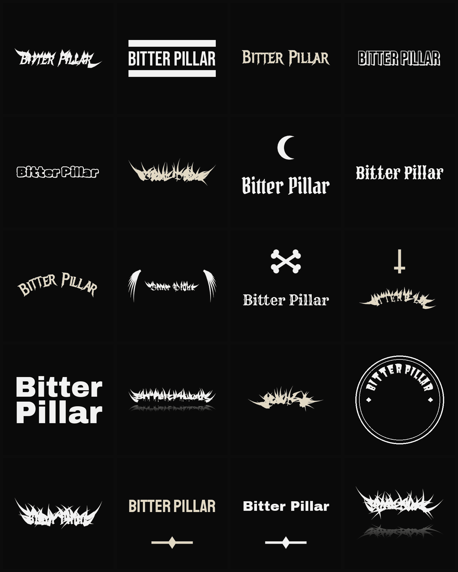 Twenty Bitter Pillar band logo ideas — different faces, treatments and spike settings