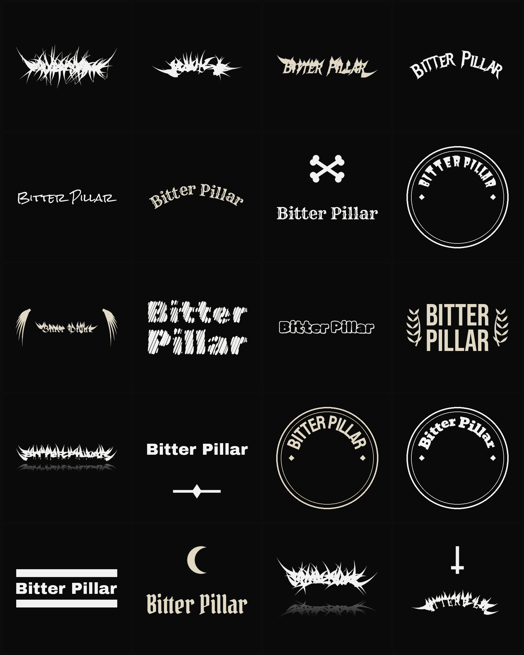 Twenty Bitter Pillar band logo ideas — different faces, treatments and spike settings